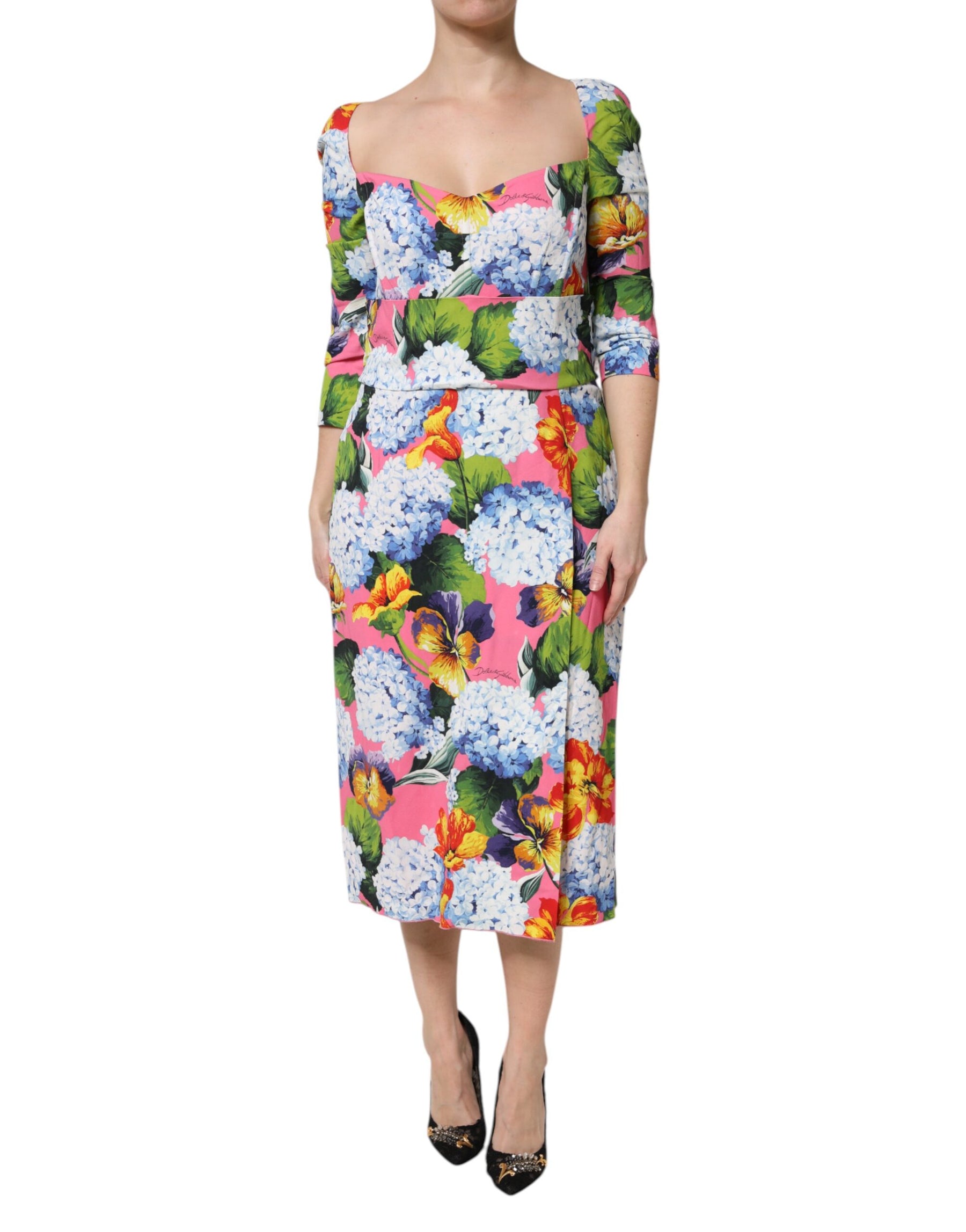 Dolce & Gabbana Multicolor Floral Pleated Sheath Midi  Dress | Regal Royce