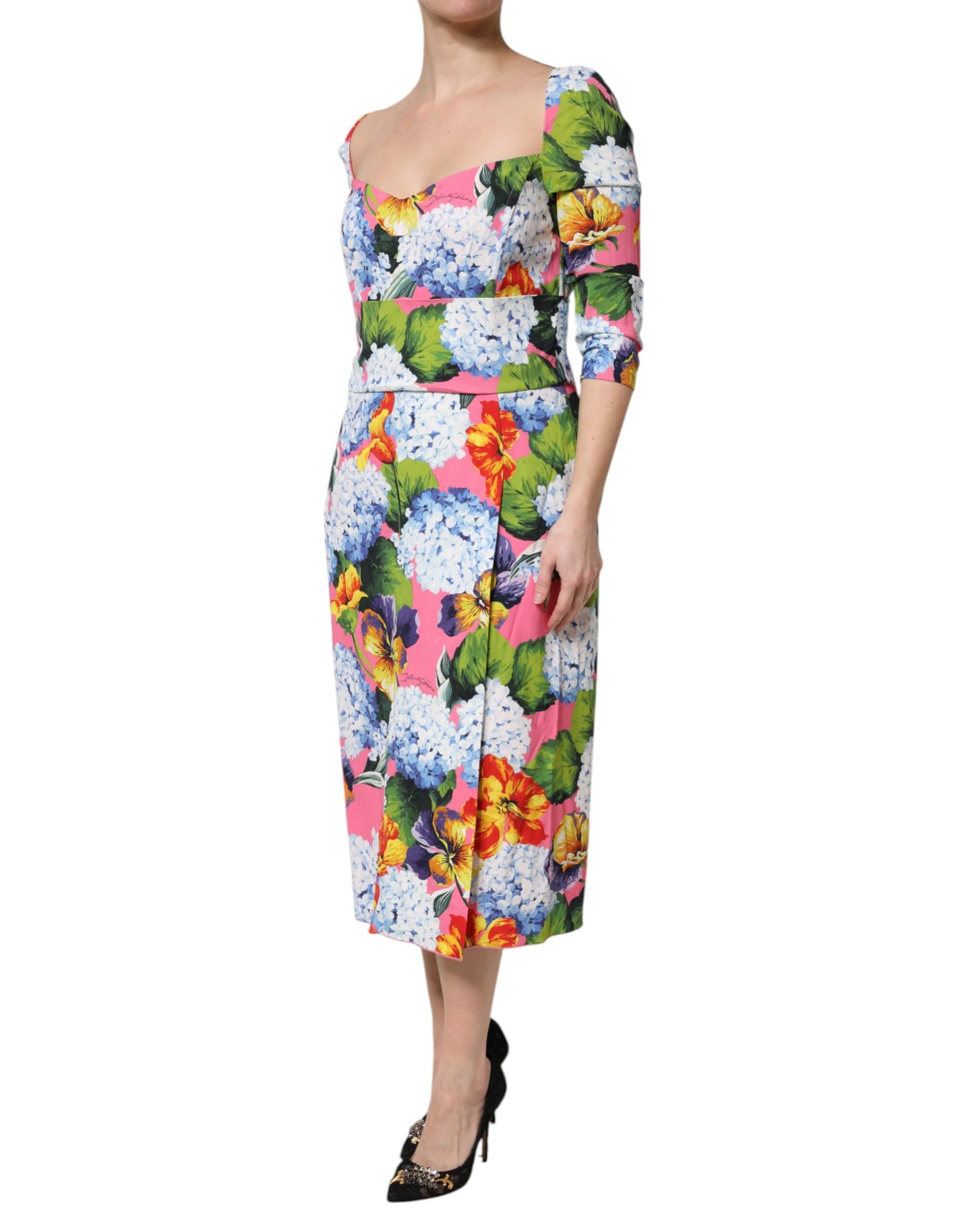 Dolce & Gabbana Multicolor Floral Pleated Sheath Midi  Dress | Regal Royce