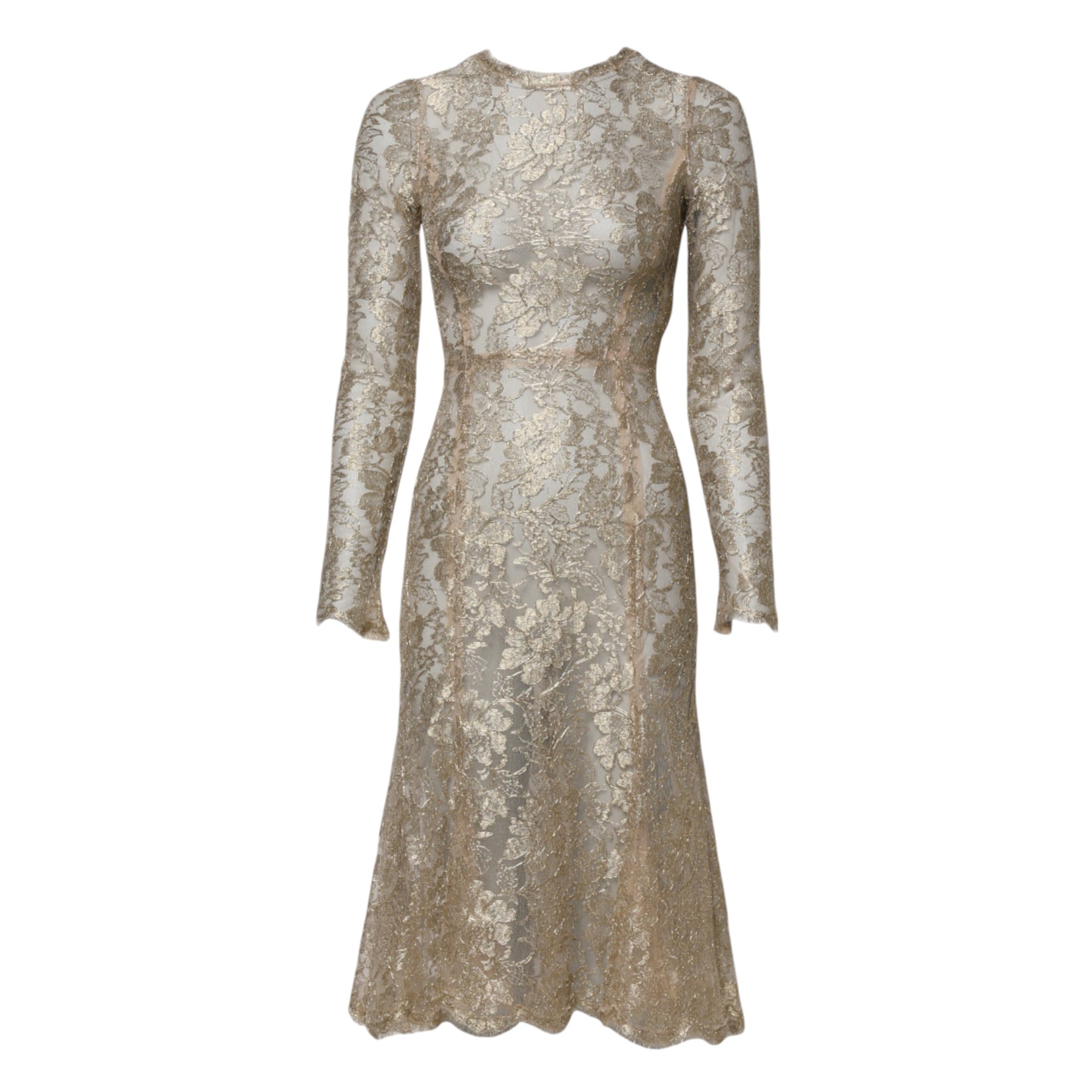 Dolce & Gabbana Gold Floral Lace Long Sleeves Fit & Flare Dress | Regal Royce