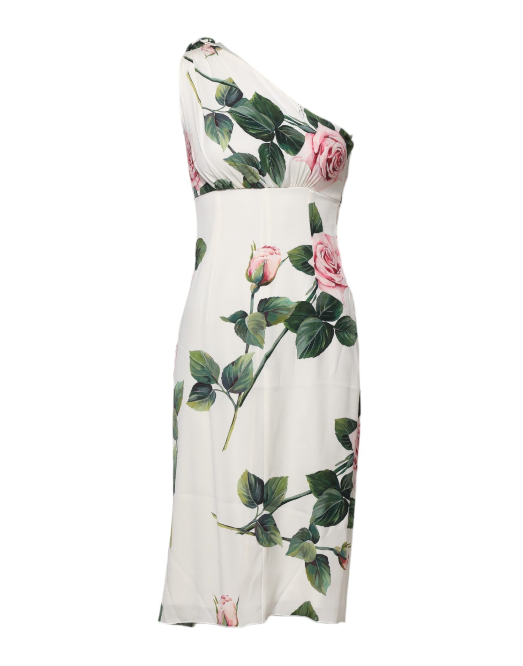 Dolce & Gabbana White Floral One Shoulder Sheath Midi Dress | Regal Royce