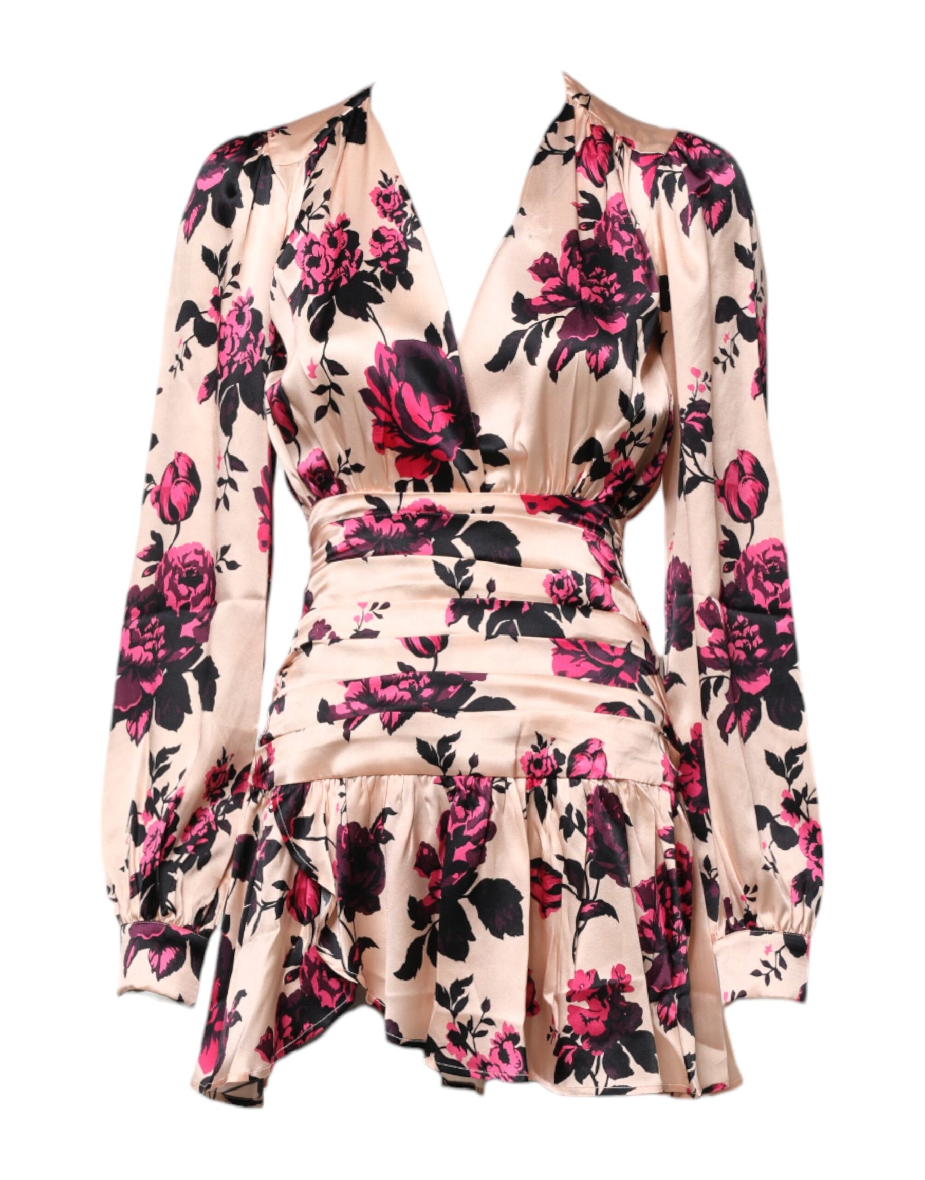 Laneus Pink Floral Silk Long Sleeves V-neck Wrap Mini Dress | Regal Royce