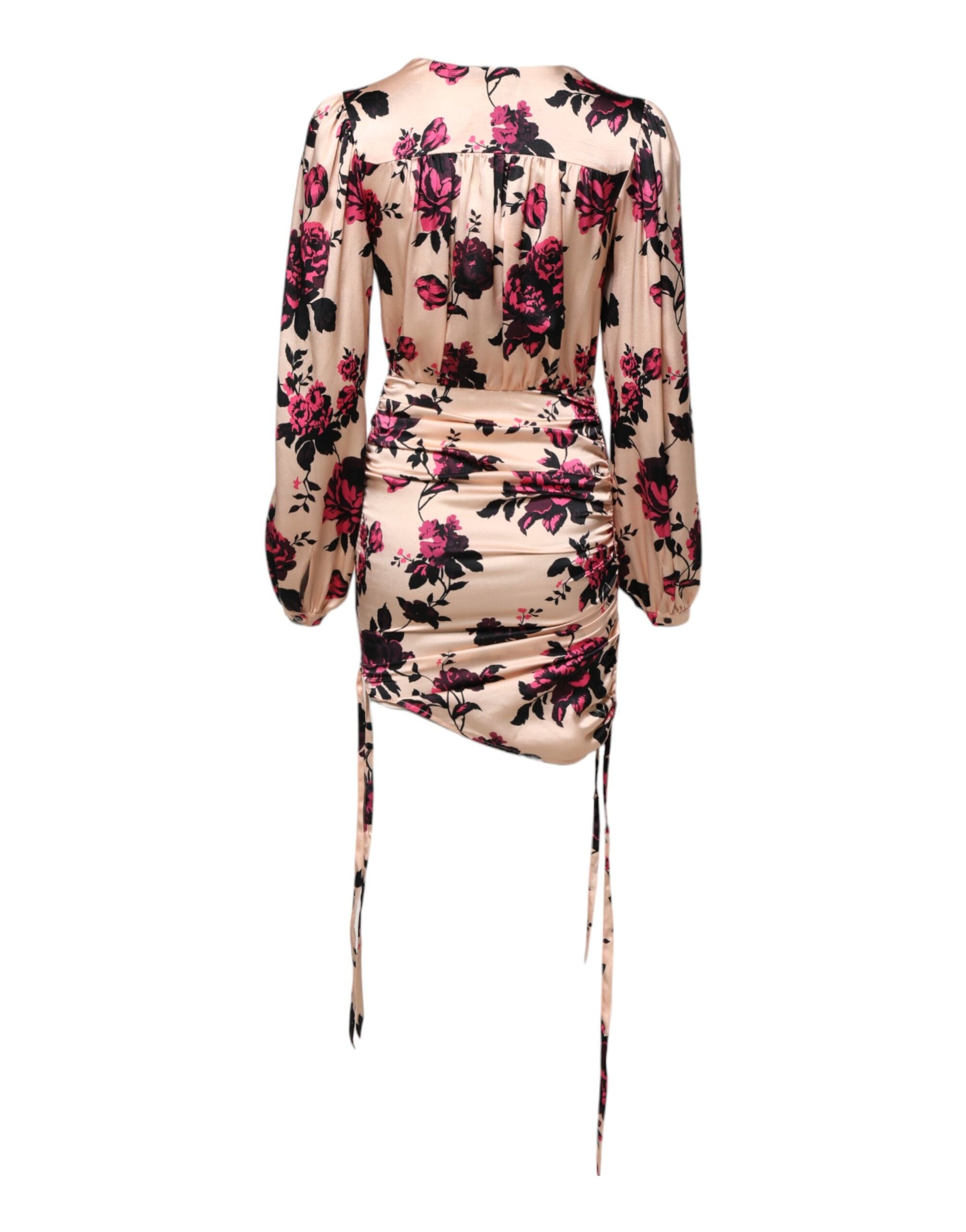 Laneus Pink Floral Silk Long Sleeves V-neck Ruched Mini Dress | Regal Royce