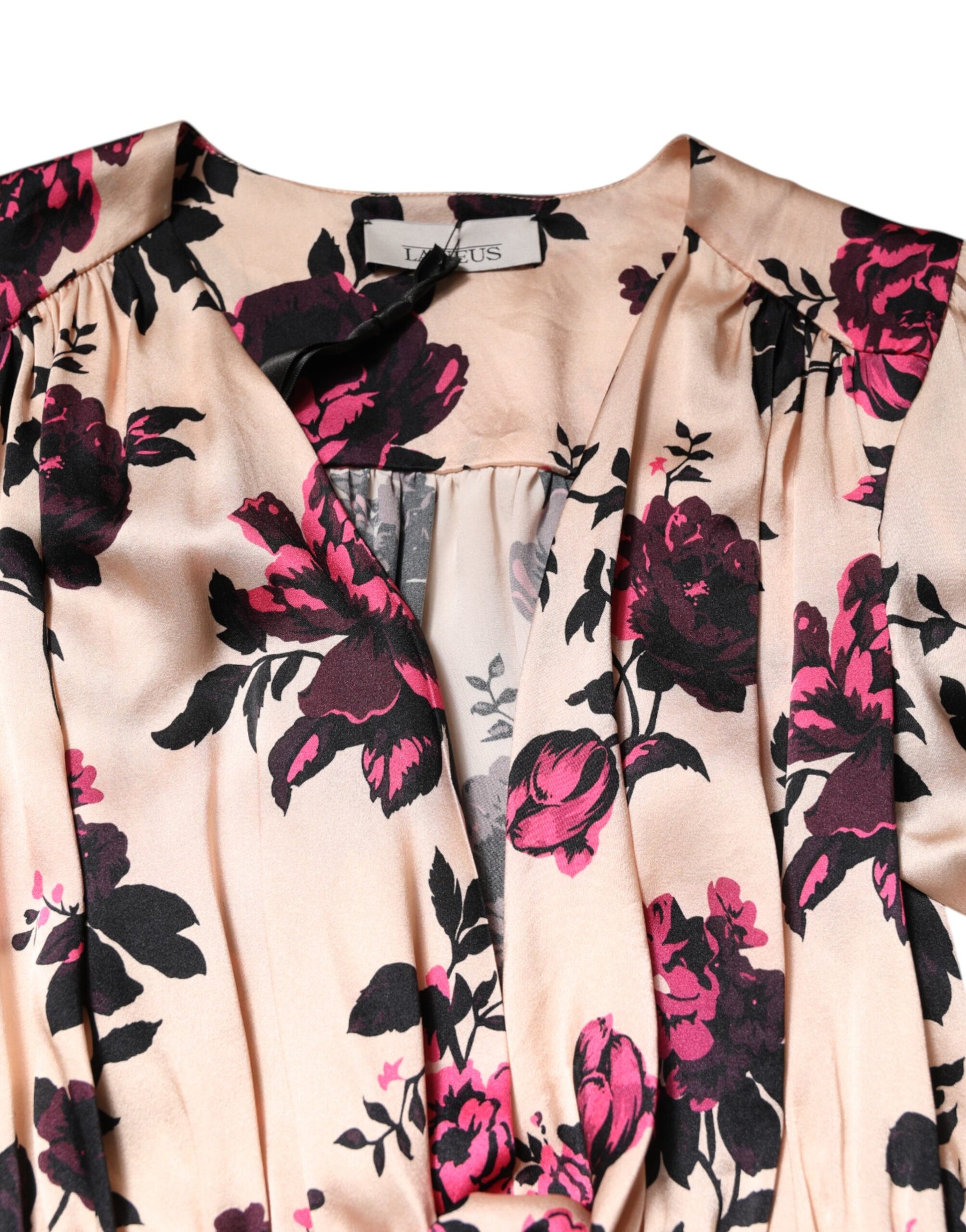 Laneus Pink Floral Silk Long Sleeves V-neck Ruched Mini Dress | Regal Royce