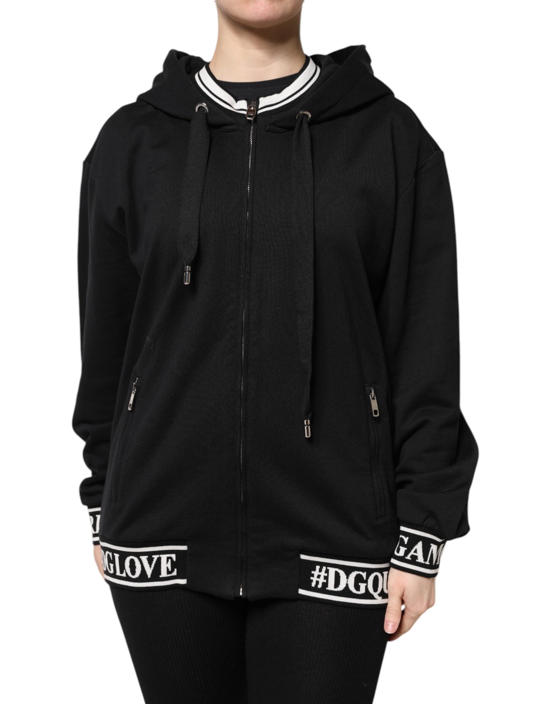 Dolce & Gabbana Black Cotton Hooded Full Zip Sweatshirt Sweater | Regal Royce