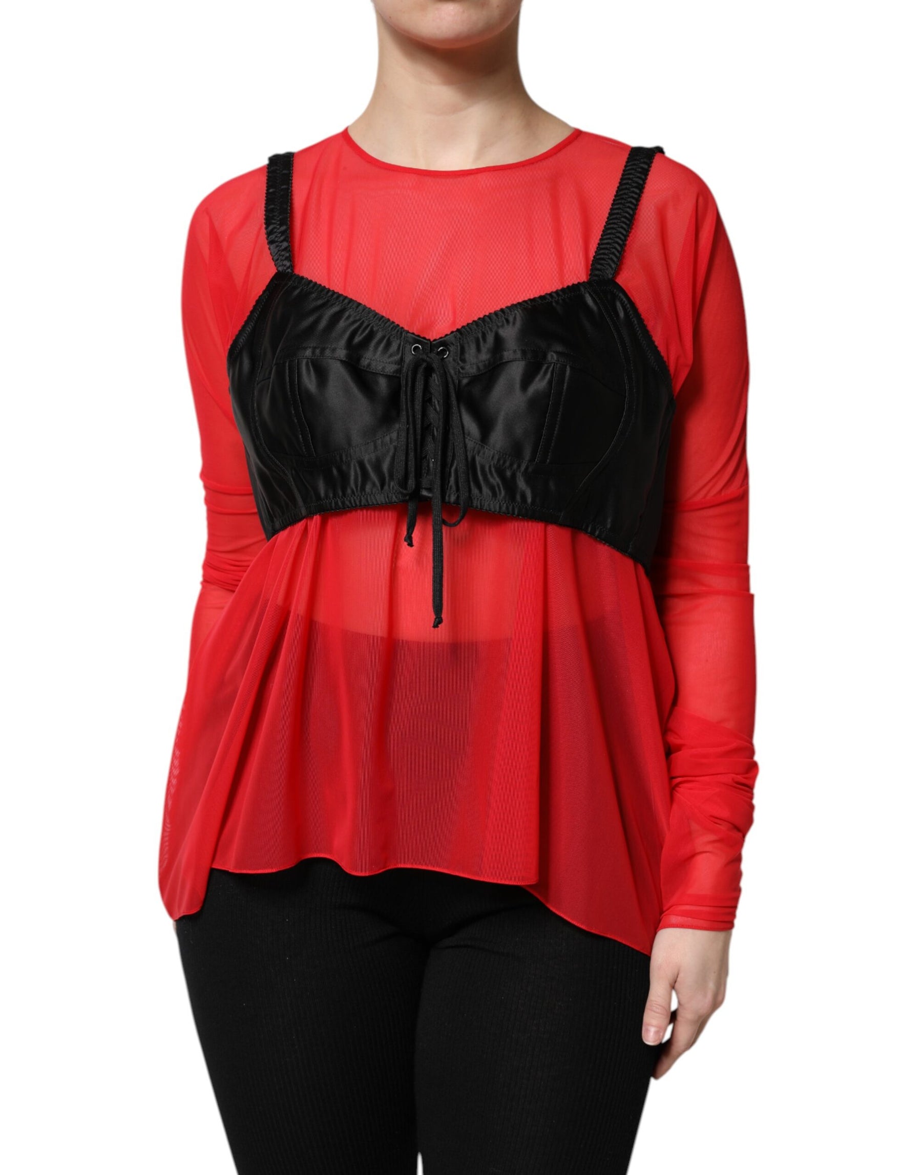 Dolce & Gabbana Red Black Bustier Detailing Long Sleeves Top | Regal Royce