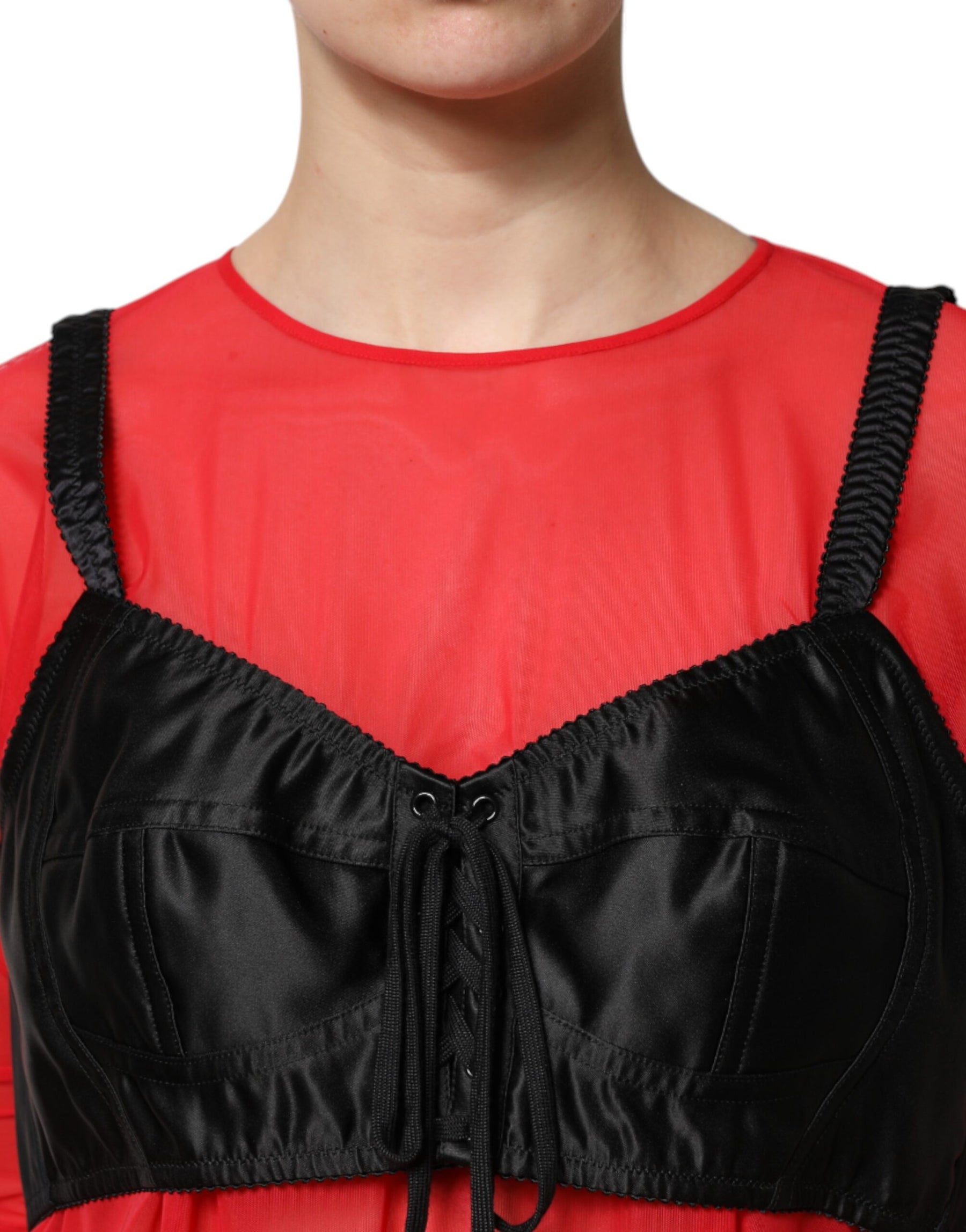 Dolce & Gabbana Red Black Bustier Detailing Long Sleeves Top | Regal Royce