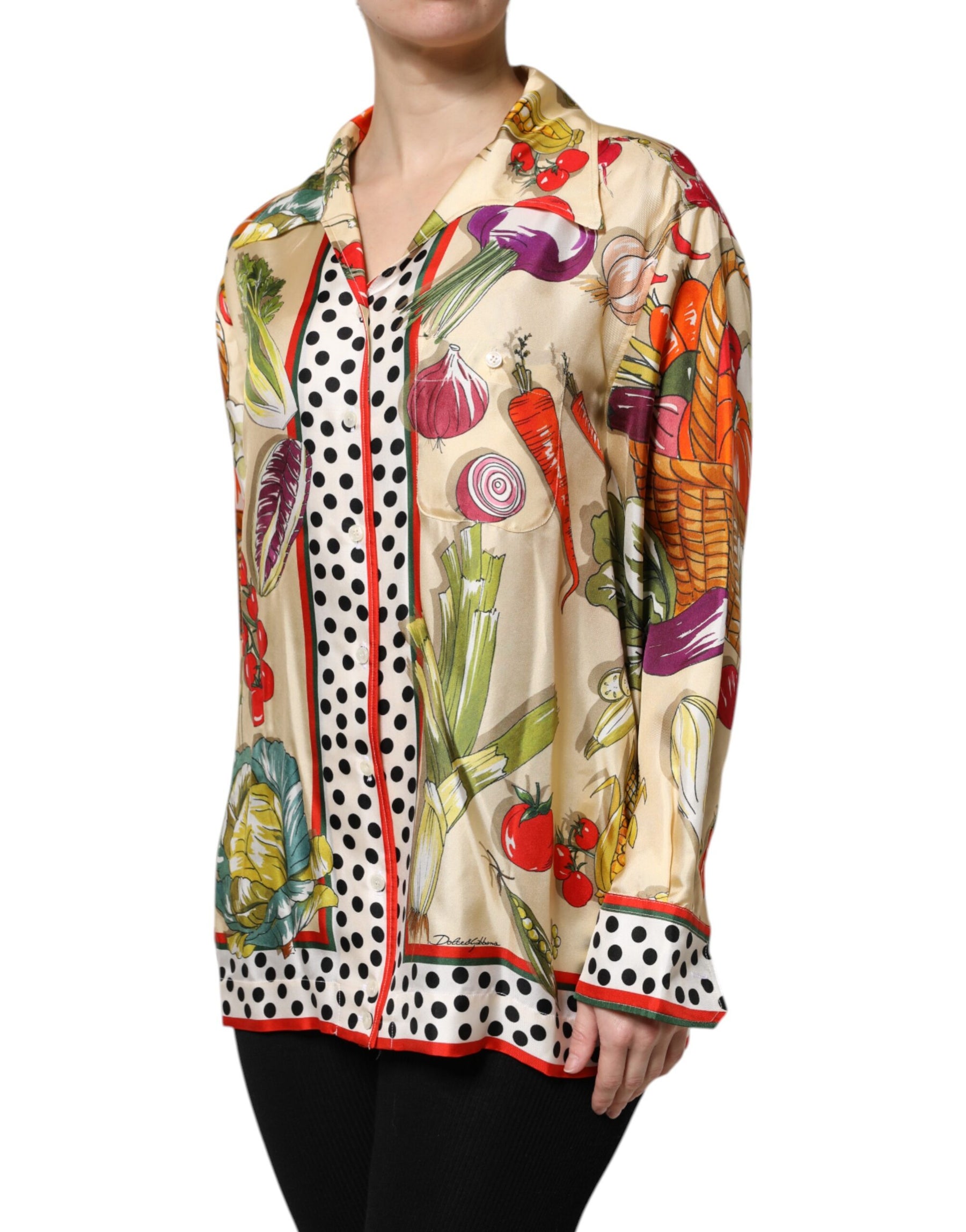 Dolce & Gabbana Multicolor Vegetables Silk Long Sleeves Top | Regal Royce