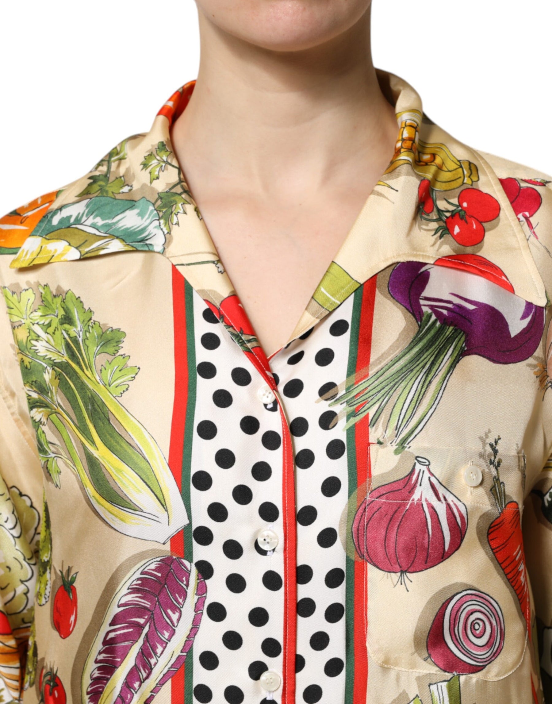 Dolce & Gabbana Multicolor Vegetables Silk Long Sleeves Top | Regal Royce