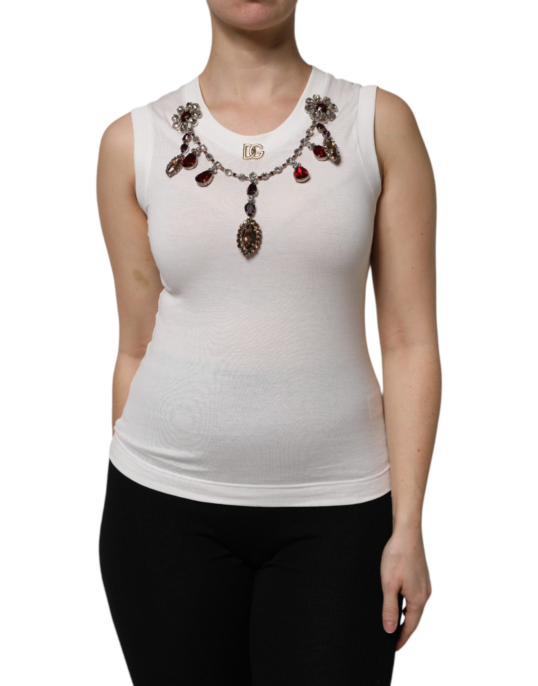 Dolce & Gabbana White Cotton Logo Crystal Detailing Tank Top | Regal Royce