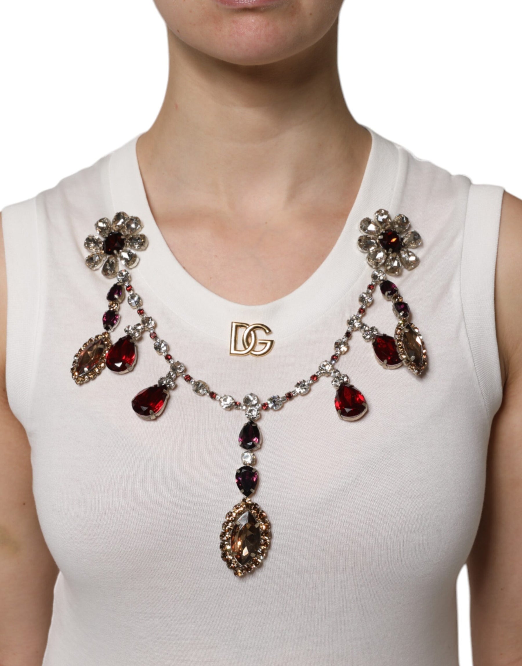 Dolce & Gabbana White Cotton Logo Crystal Detailing Tank Top | Regal Royce