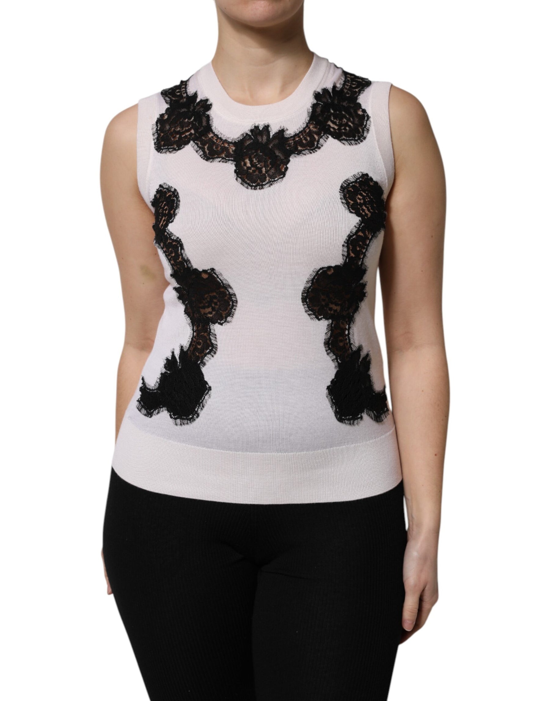 Dolce & Gabbana White Cashmere Floral Lace Detailing Tank Top | Regal Royce