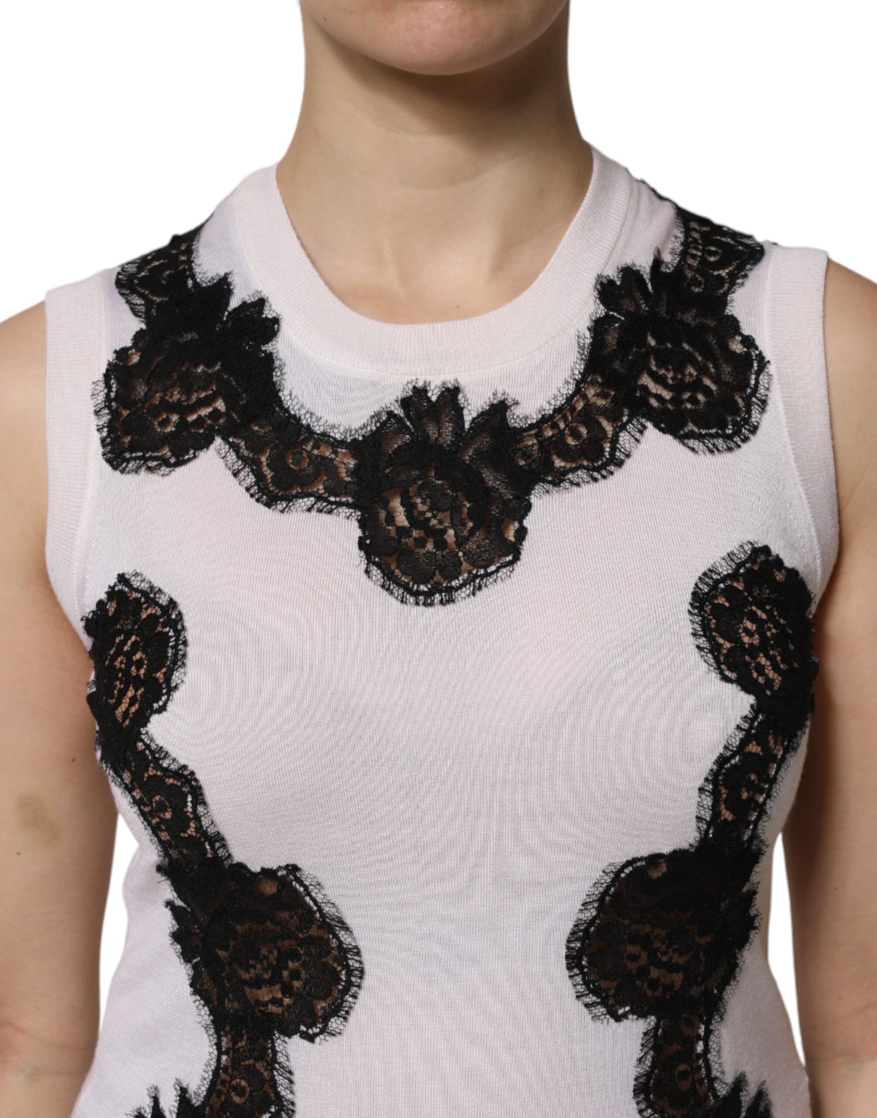 Dolce & Gabbana White Cashmere Floral Lace Detailing Tank Top | Regal Royce