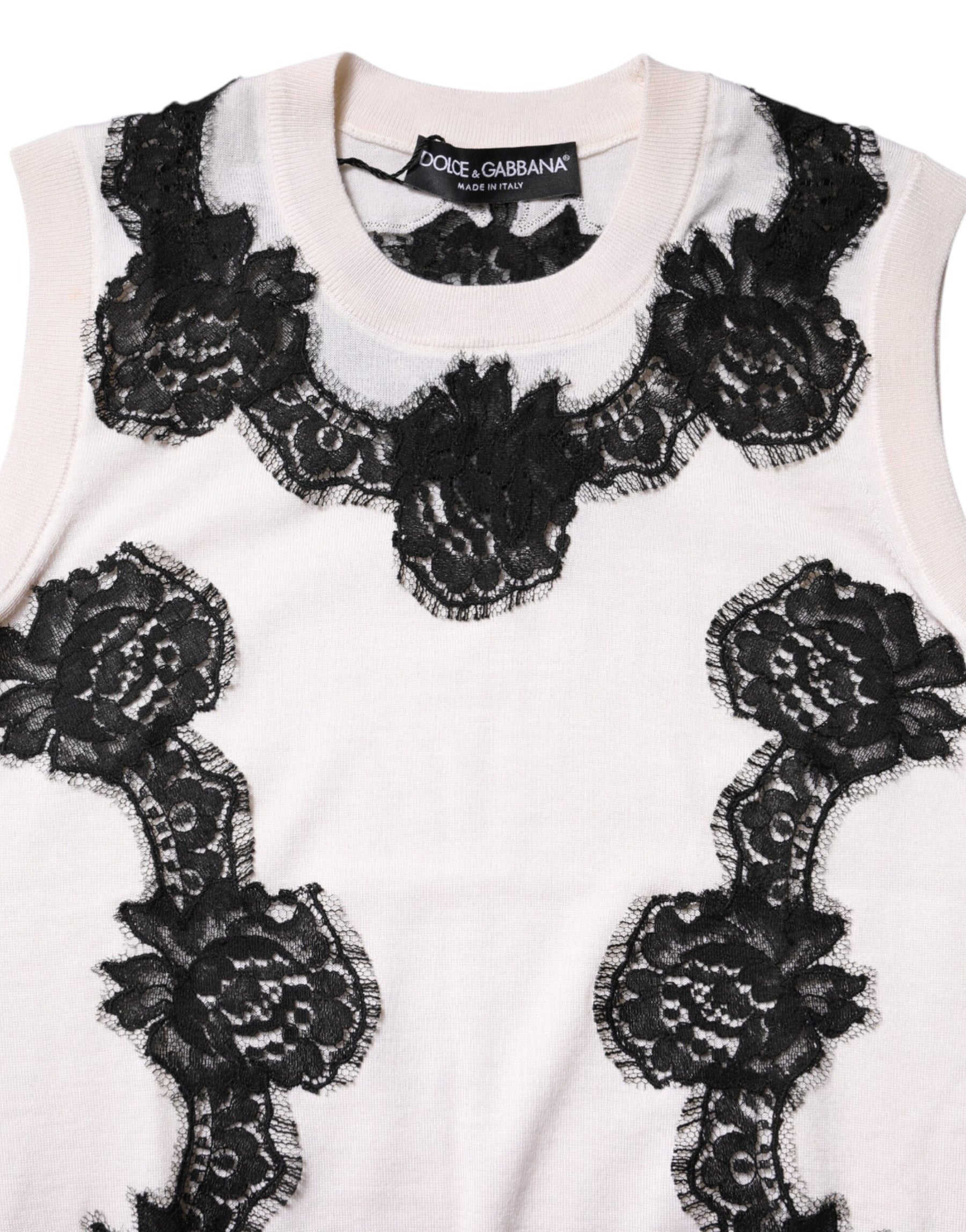Dolce & Gabbana White Cashmere Floral Lace Detailing Tank Top | Regal Royce