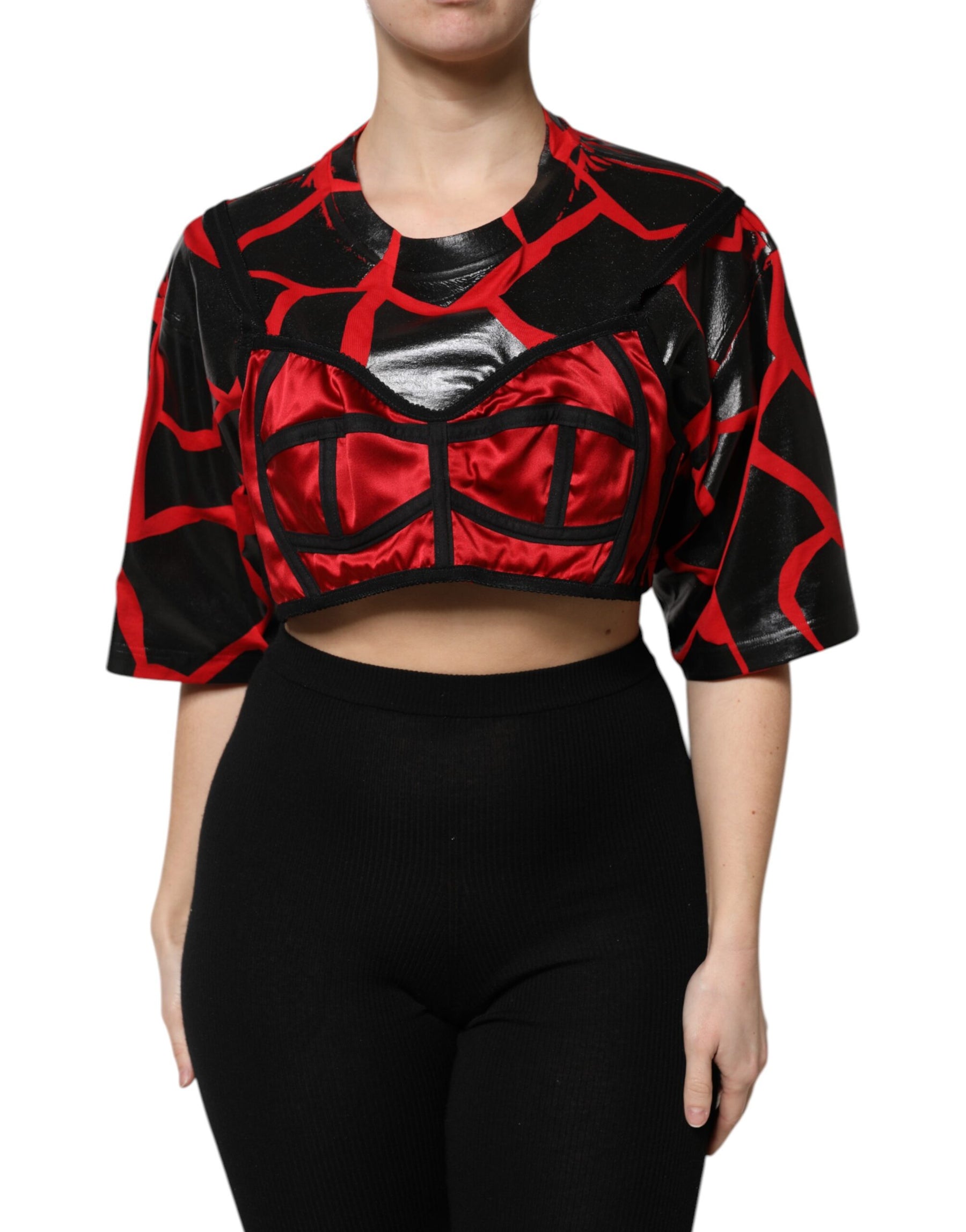 Dolce & Gabbana Red Black Cotton Bustier Detailing Cropped Top | Regal Royce