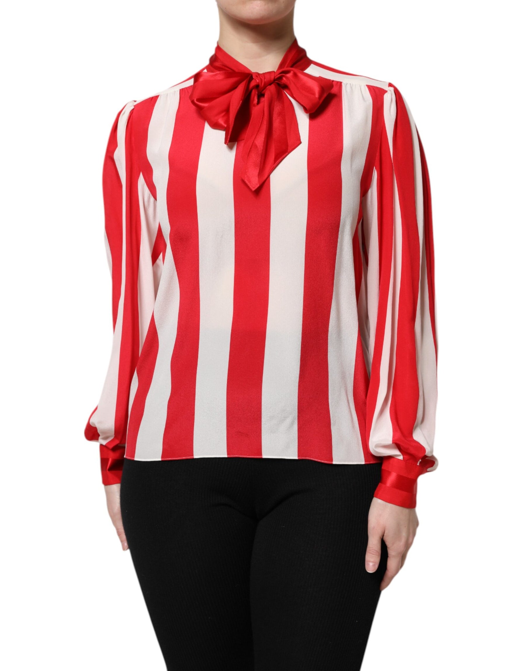 Dolce & Gabbana Red White Stripes Ascot Collar Blouse Top | Regal Royce