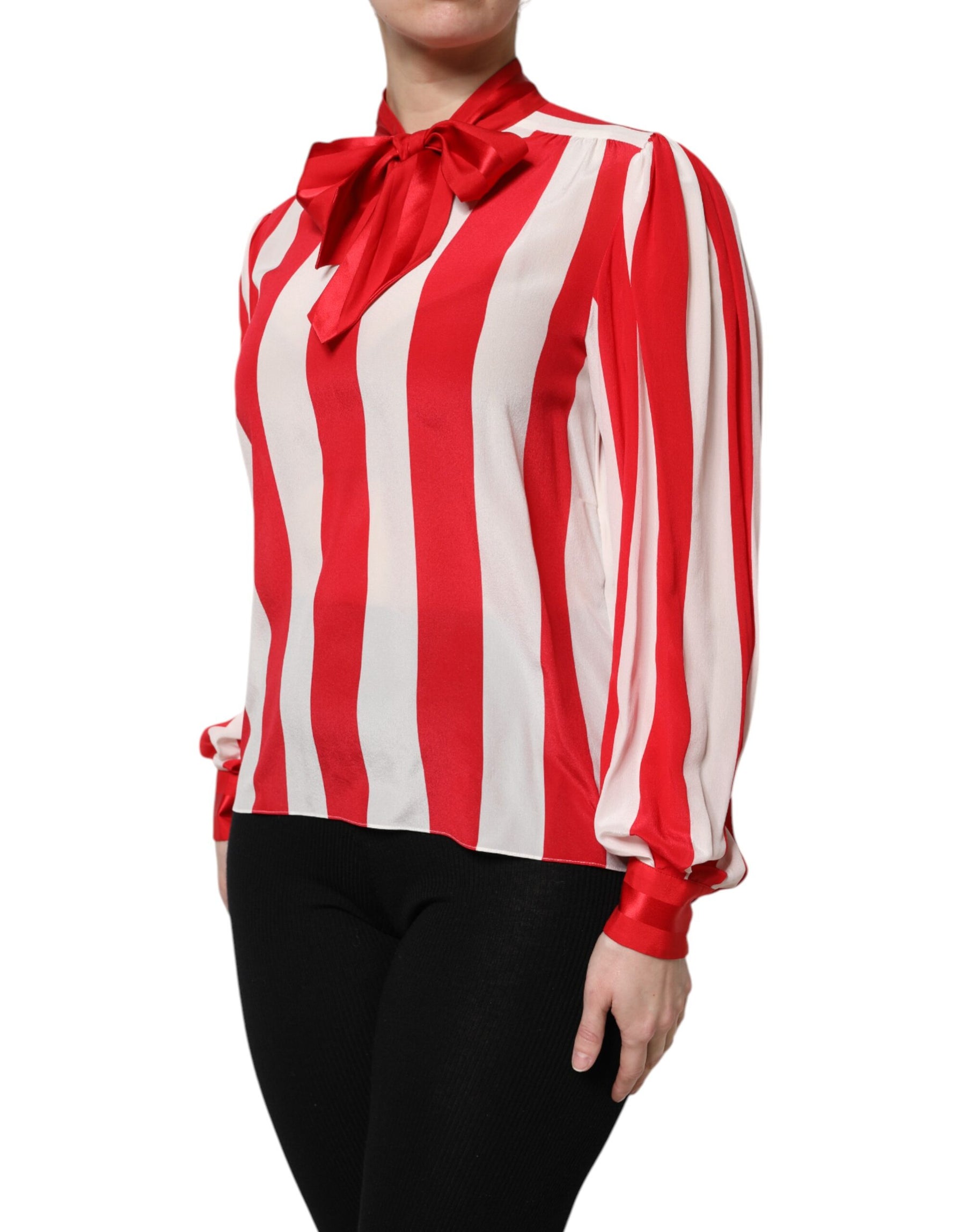 Dolce & Gabbana Red White Stripes Ascot Collar Blouse Top | Regal Royce