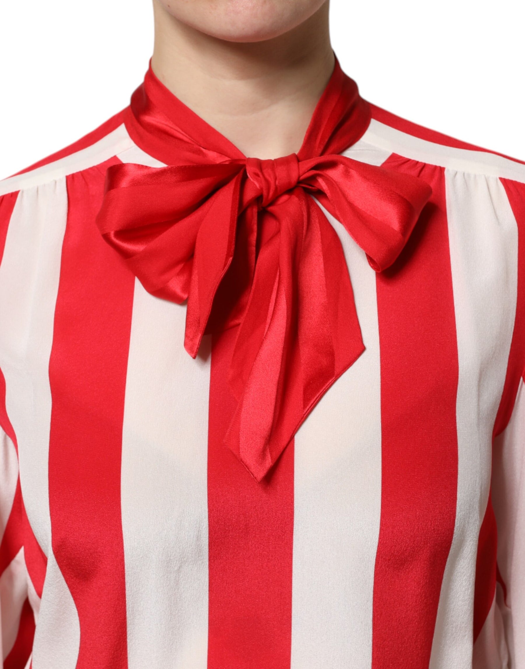 Dolce & Gabbana Red White Stripes Ascot Collar Blouse Top | Regal Royce