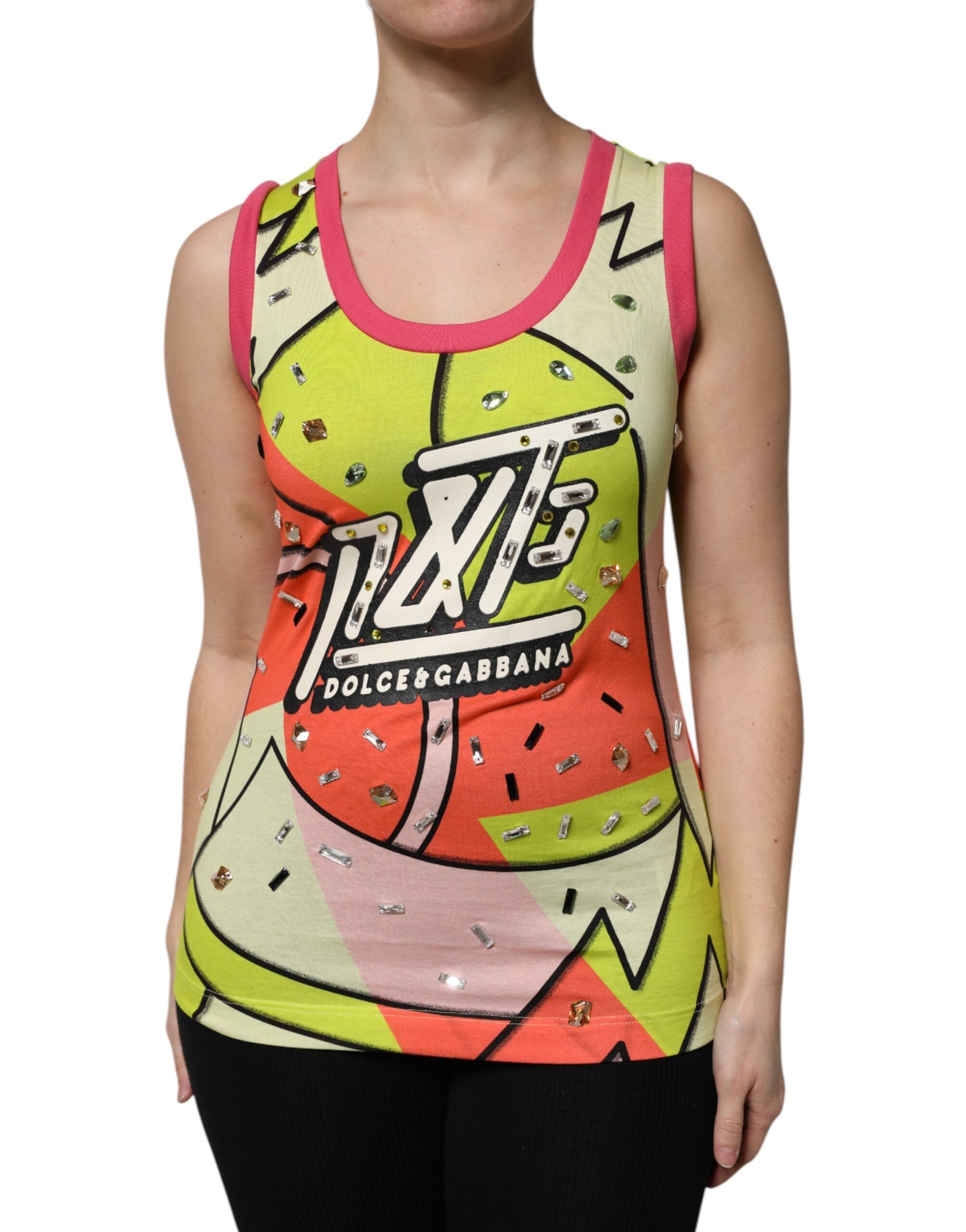 Dolce & Gabbana Multicolor Printed Crystal Embellishment Top | Regal Royce