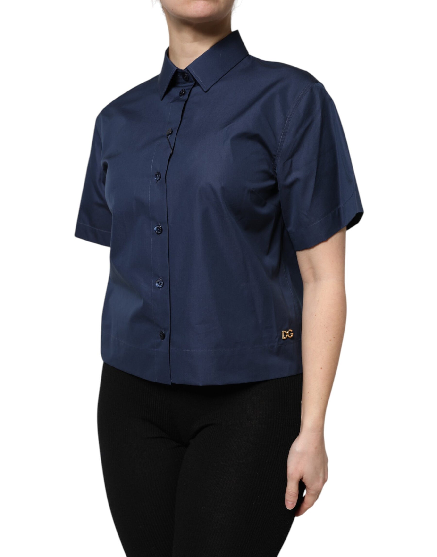 Dolce & Gabbana Blue Cotton Short Sleeves Button Down Top | Regal Royce