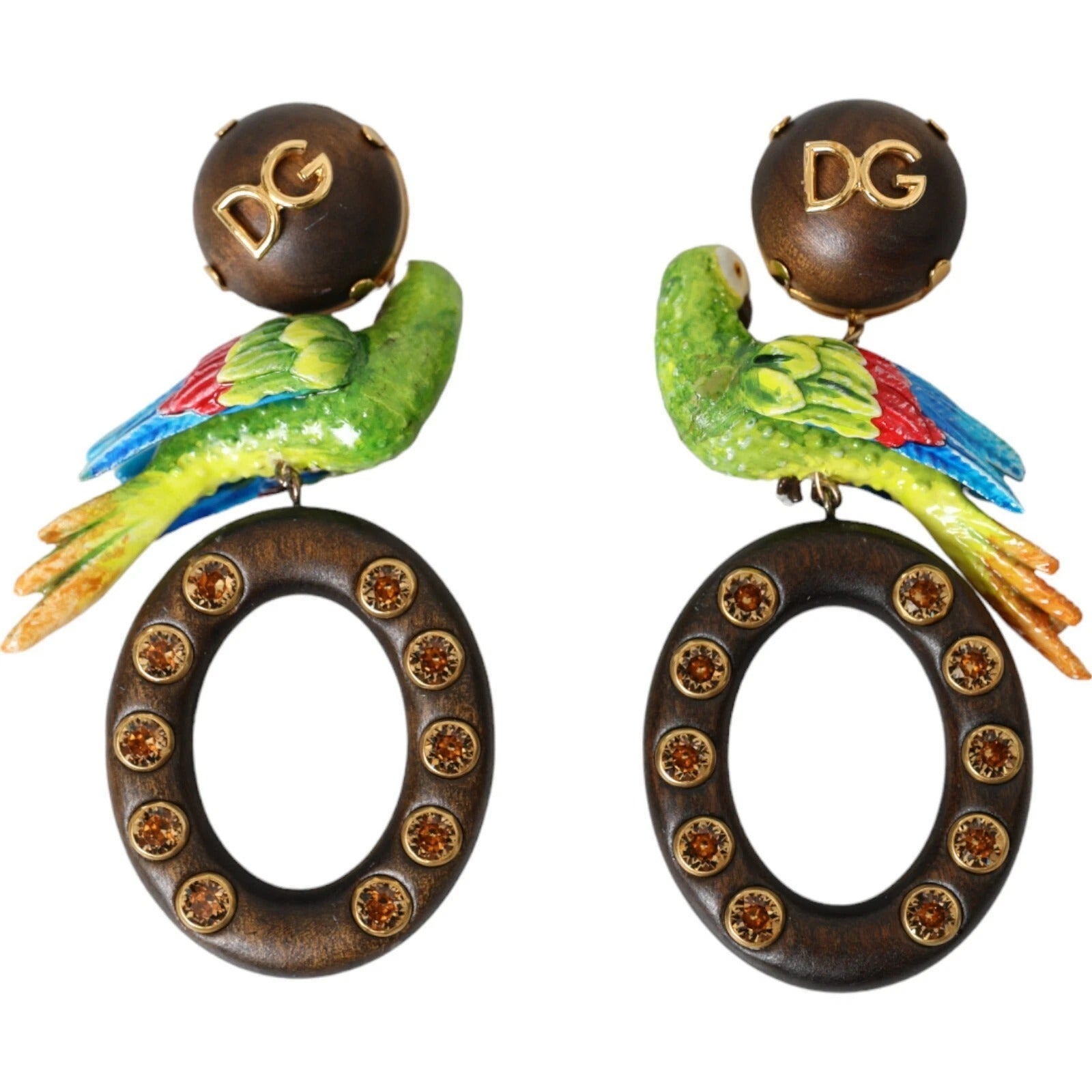 Dolce & Gabbana Multicolor Parrot Wood Brass Crystal Embellished Earrings | Regal Royce