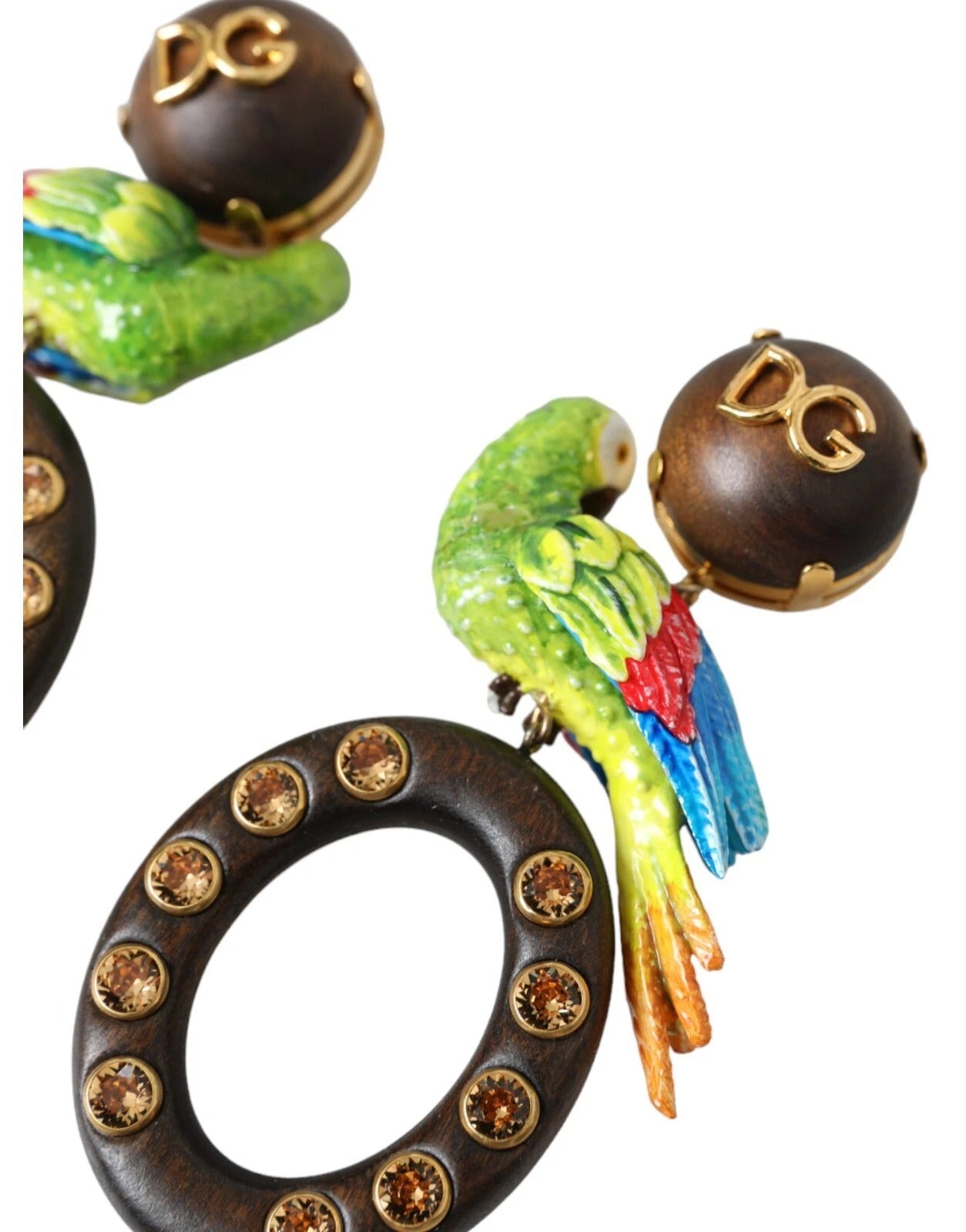 Dolce & Gabbana Multicolor Parrot Wood Brass Crystal Embellished Earrings | Regal Royce