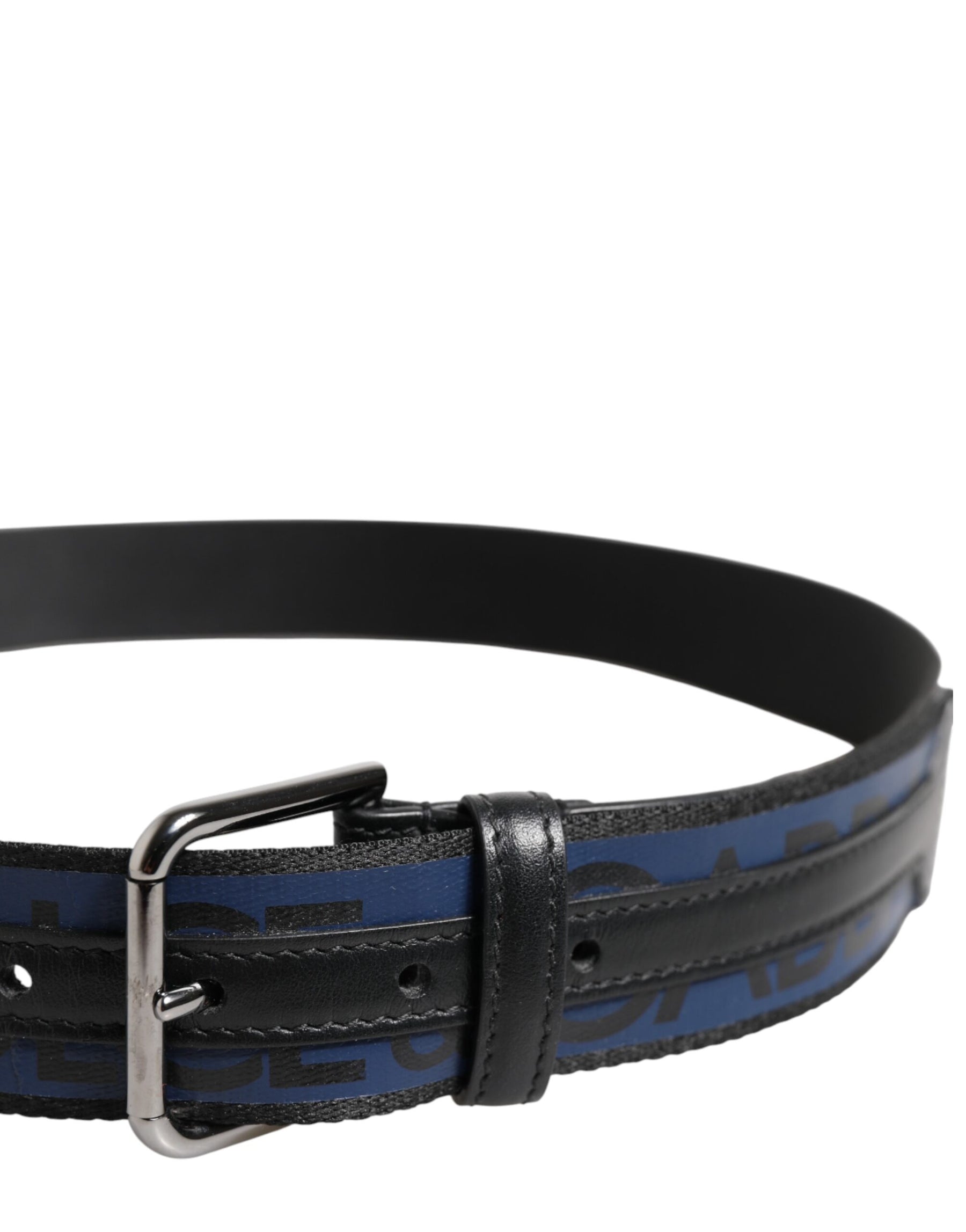 Dolce & Gabbana Black Blue DG Logo Silver Metal Buckle Belt | Regal Royce