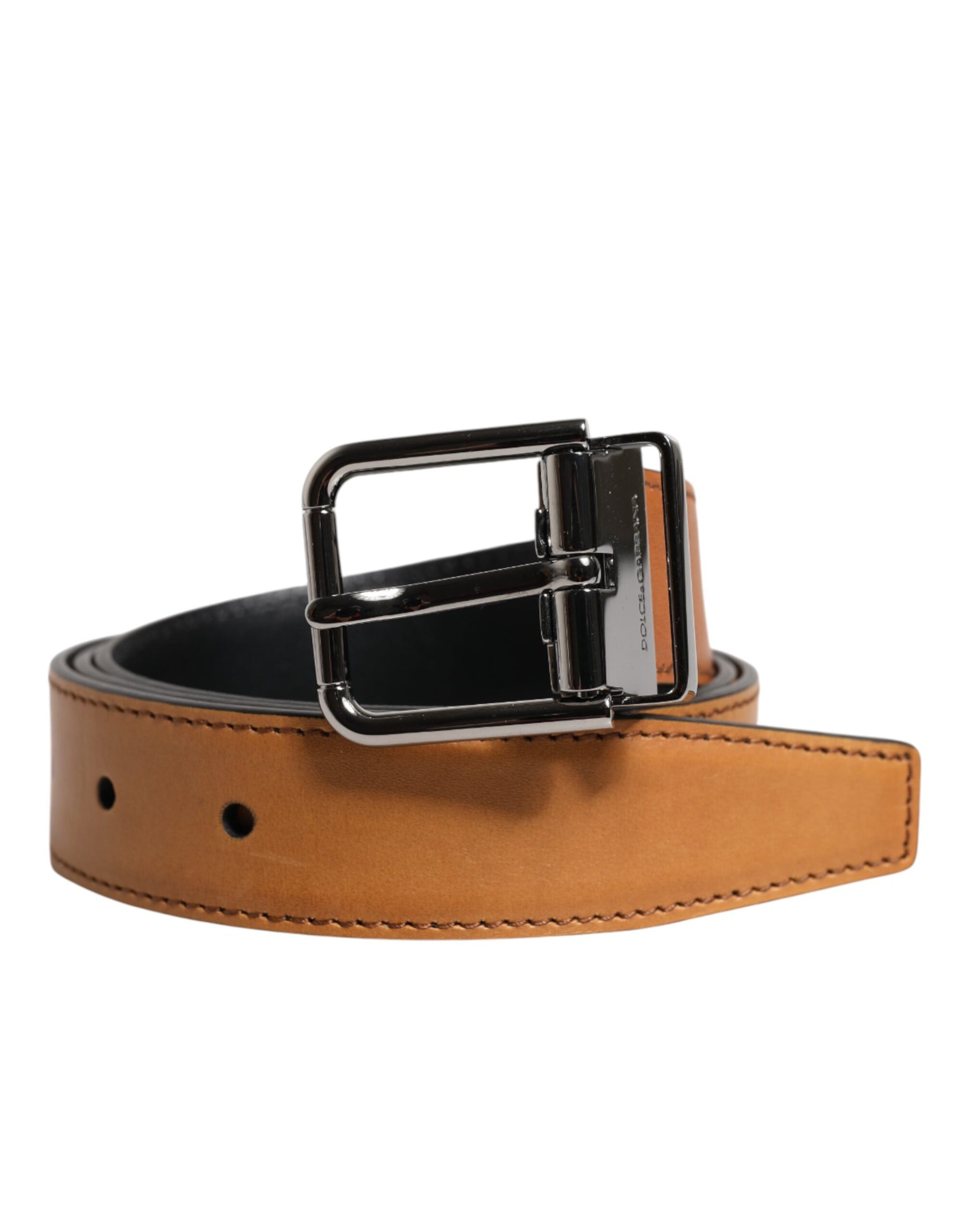 Dolce & Gabbana Brown Classic Calf Leather Silver Buckle Belt | Regal Royce