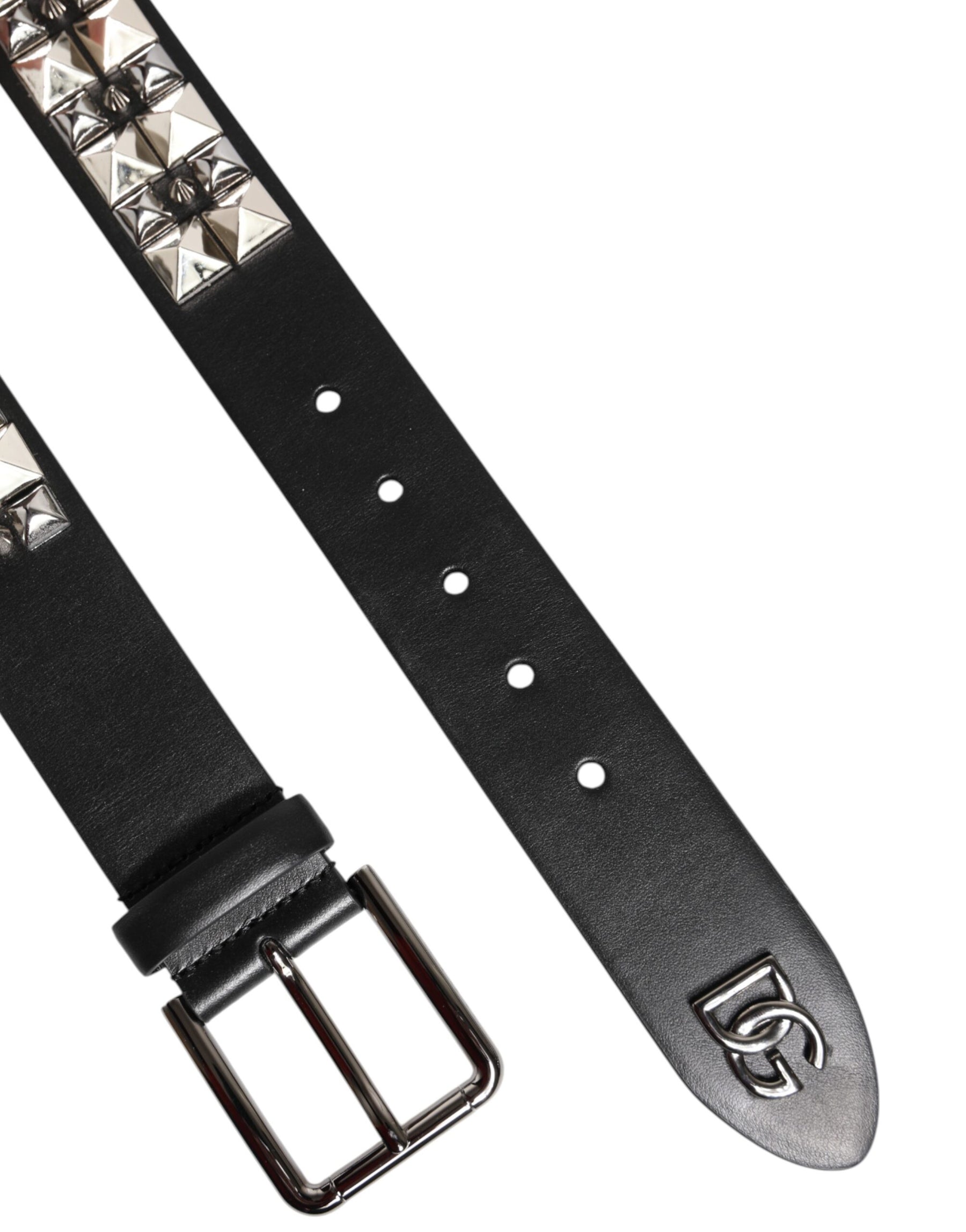 Dolce & Gabbana Black Calf Leather Studded Silver Buckle Belt | Regal Royce