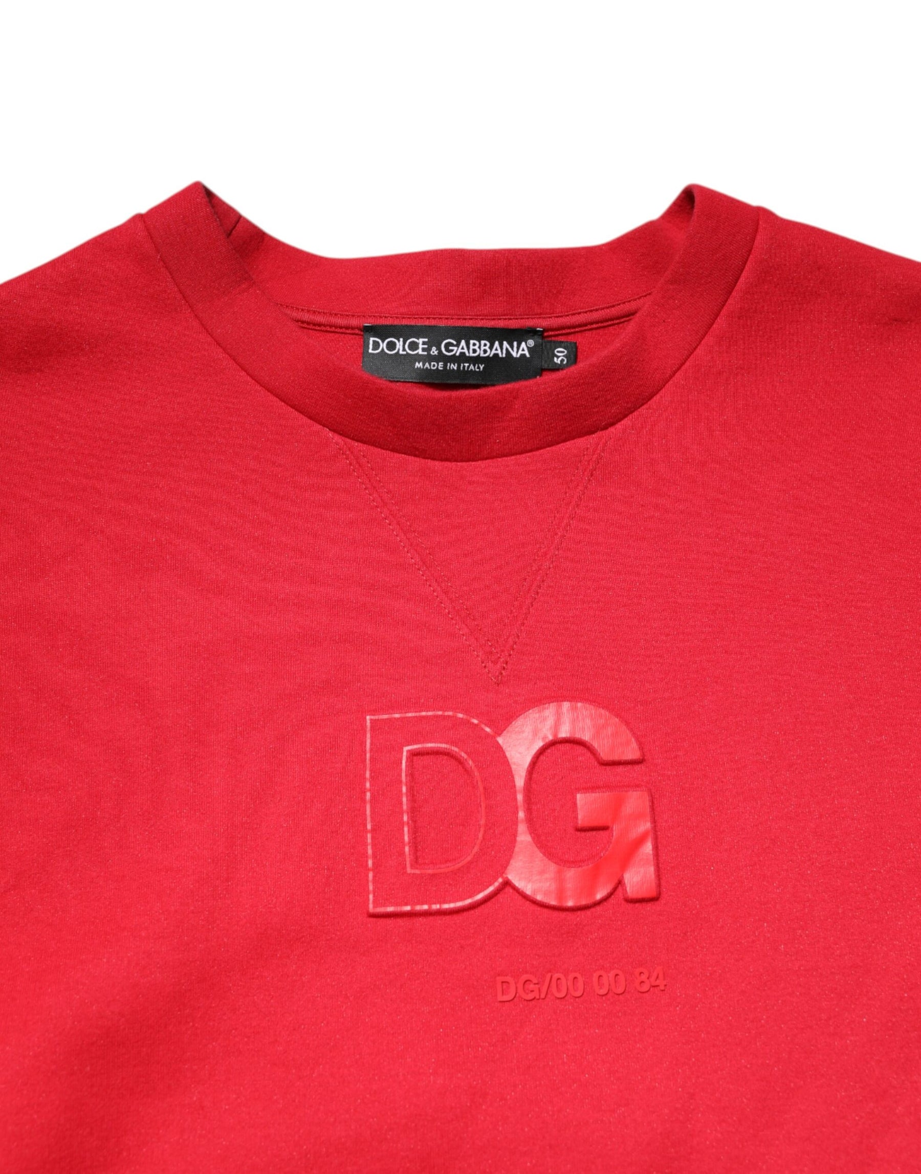 Dolce & Gabbana Red Embossed Logo Cotton Crew Neck Sweater | Regal Royce