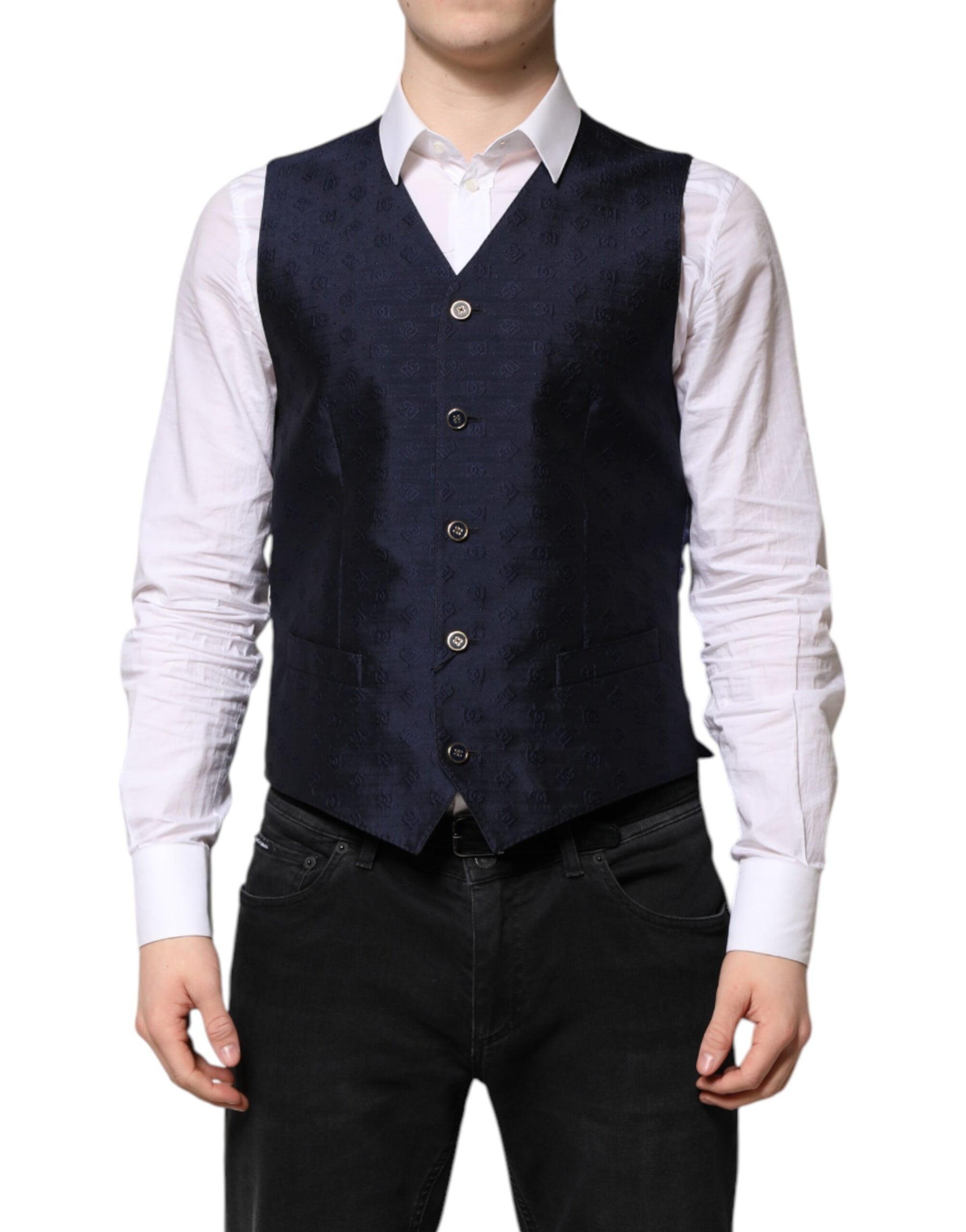 Dolce & Gabbana Dark Blue Logo Wool Formal Men Waistcoat Vest | Regal Royce