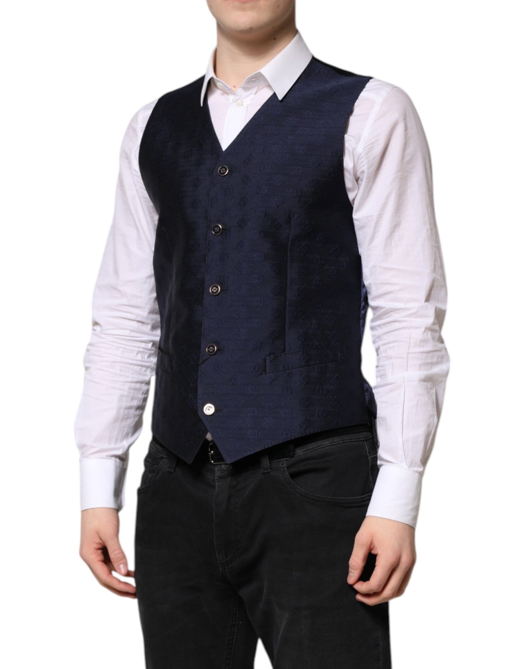 Dolce & Gabbana Dark Blue Logo Wool Formal Men Waistcoat Vest | Regal Royce