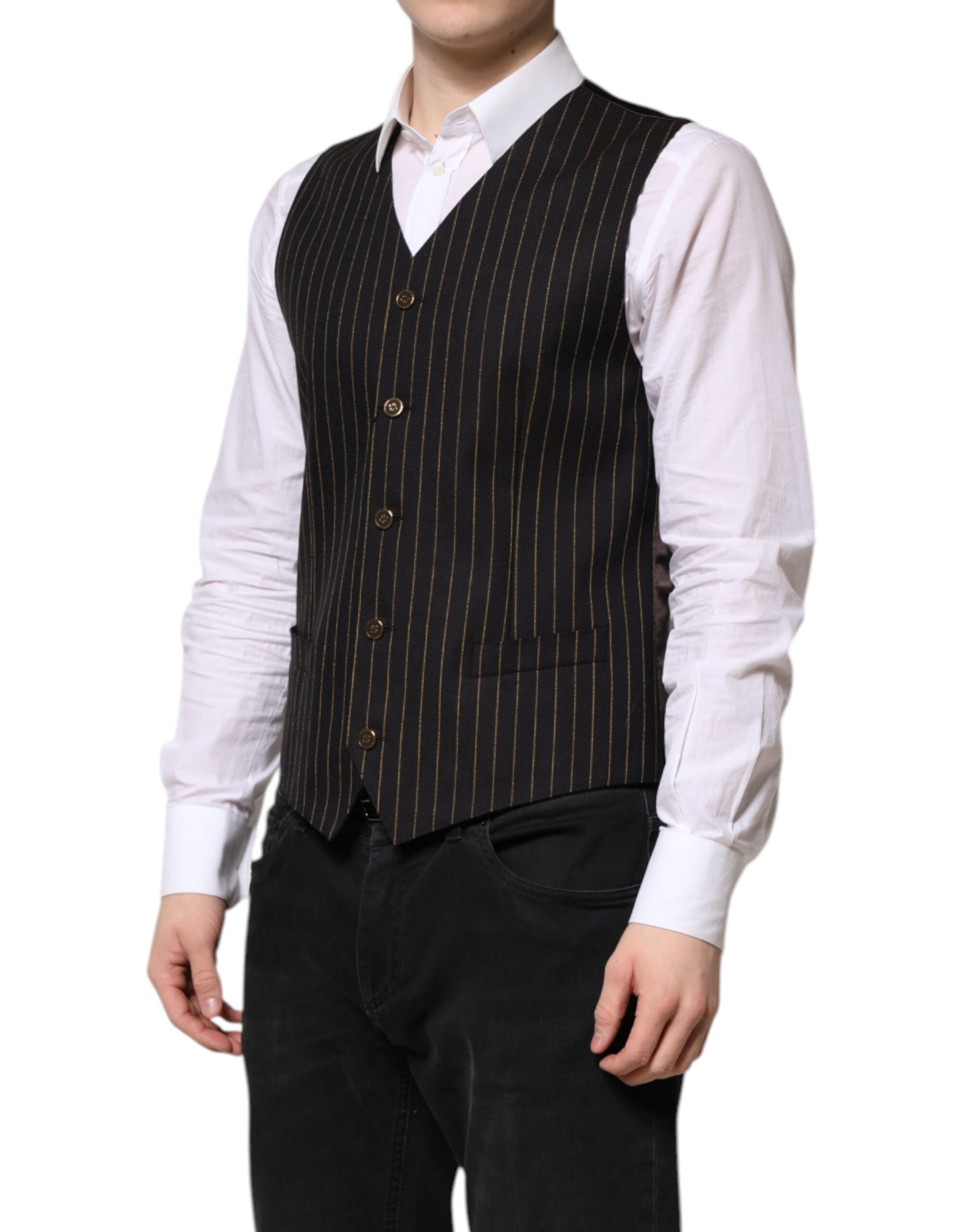 Dolce & Gabbana Black Stripes Wool Formal Men Waistcoat Vest | Regal Royce