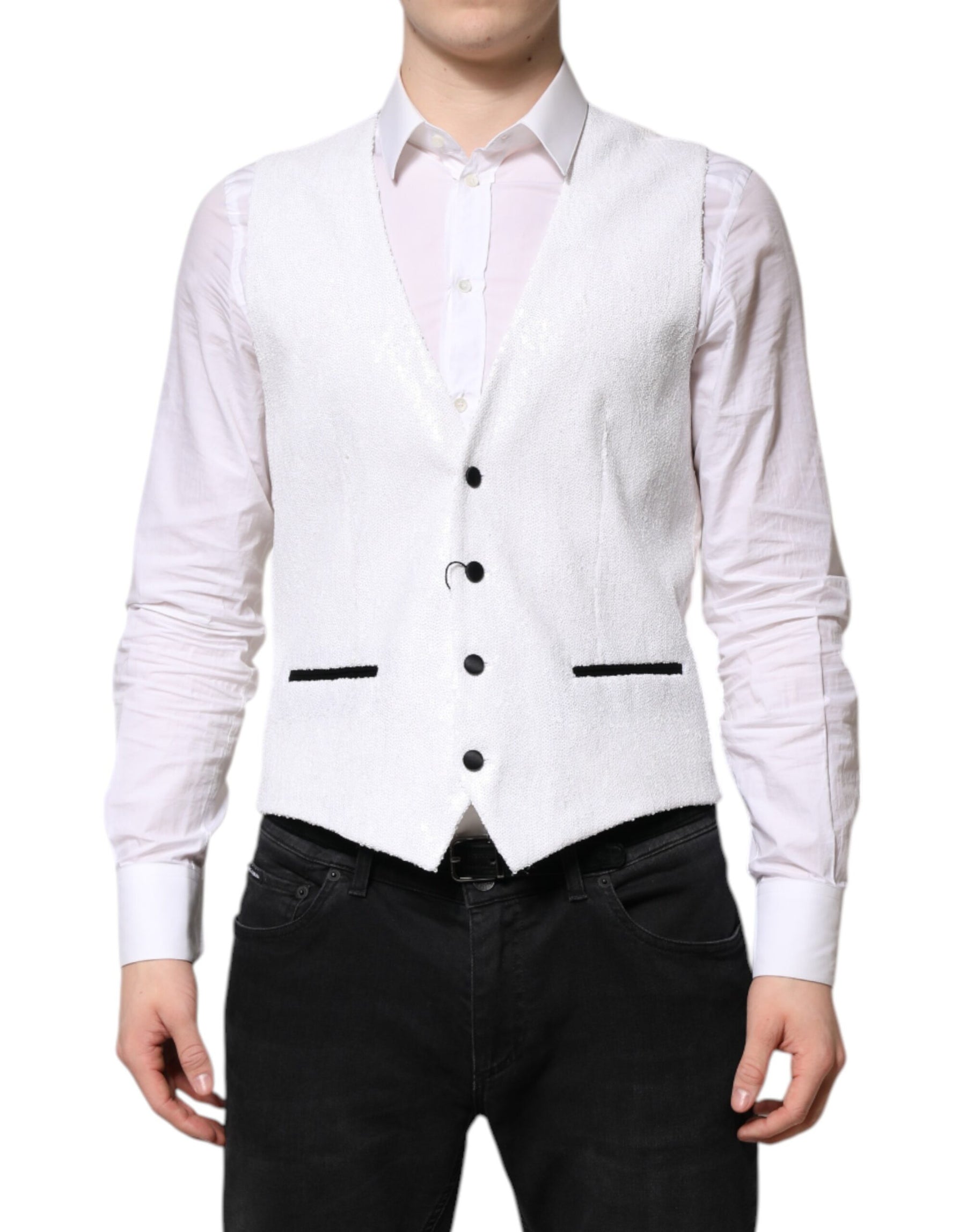 Dolce & Gabbana White Sequined Dress Formal Waistcoat Vest | Regal Royce