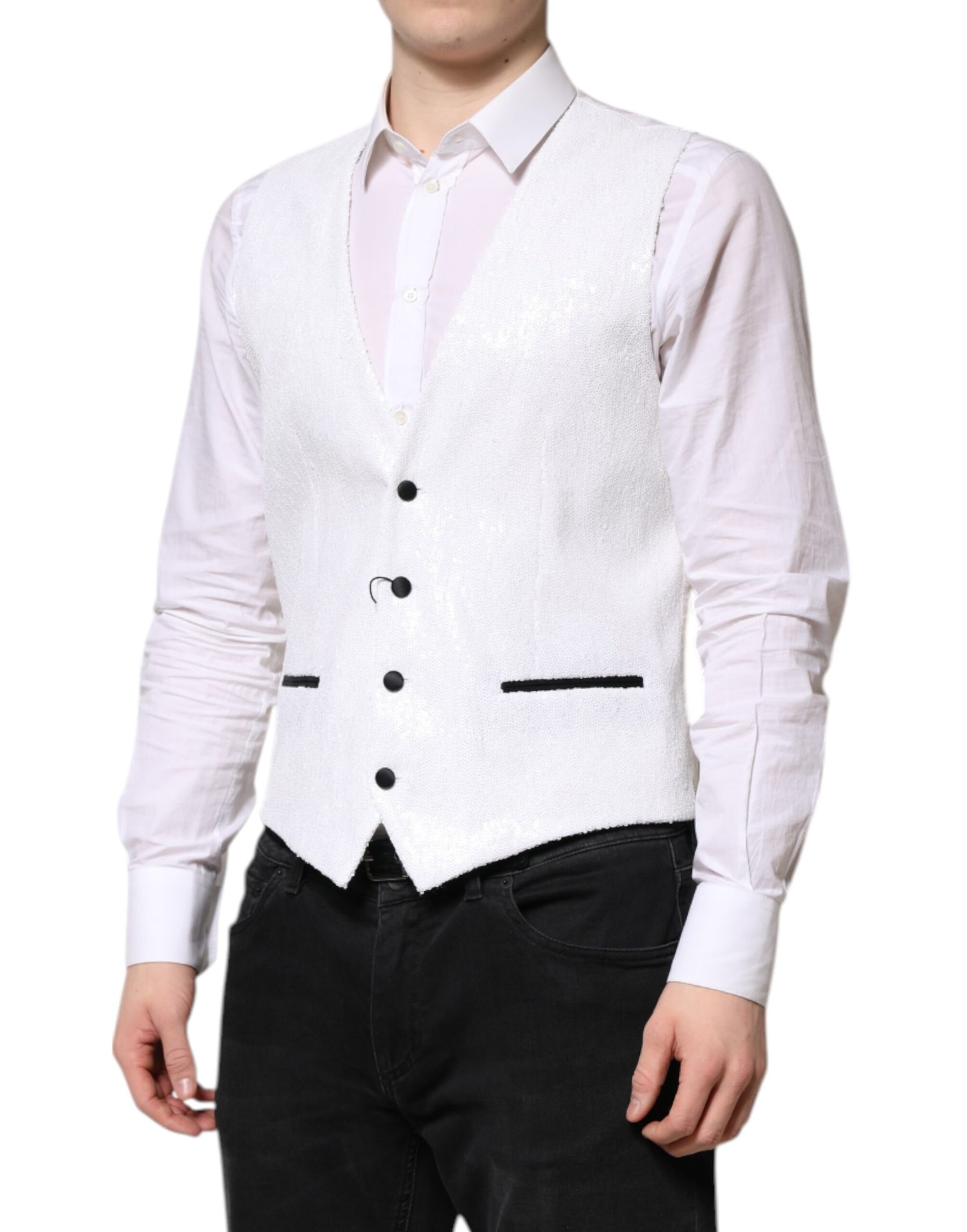 Dolce & Gabbana White Sequined Dress Formal Waistcoat Vest | Regal Royce