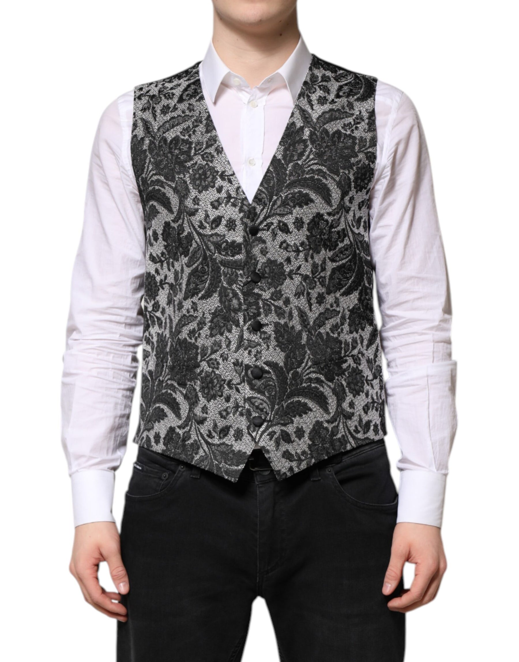 Dolce & Gabbana Black Gray Brocade Formal Men Waistcoat Vest | Regal Royce