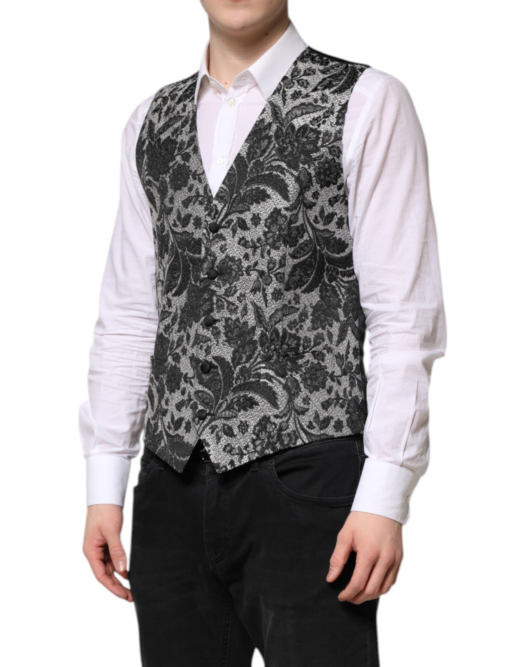Dolce & Gabbana Black Gray Brocade Formal Men Waistcoat Vest | Regal Royce