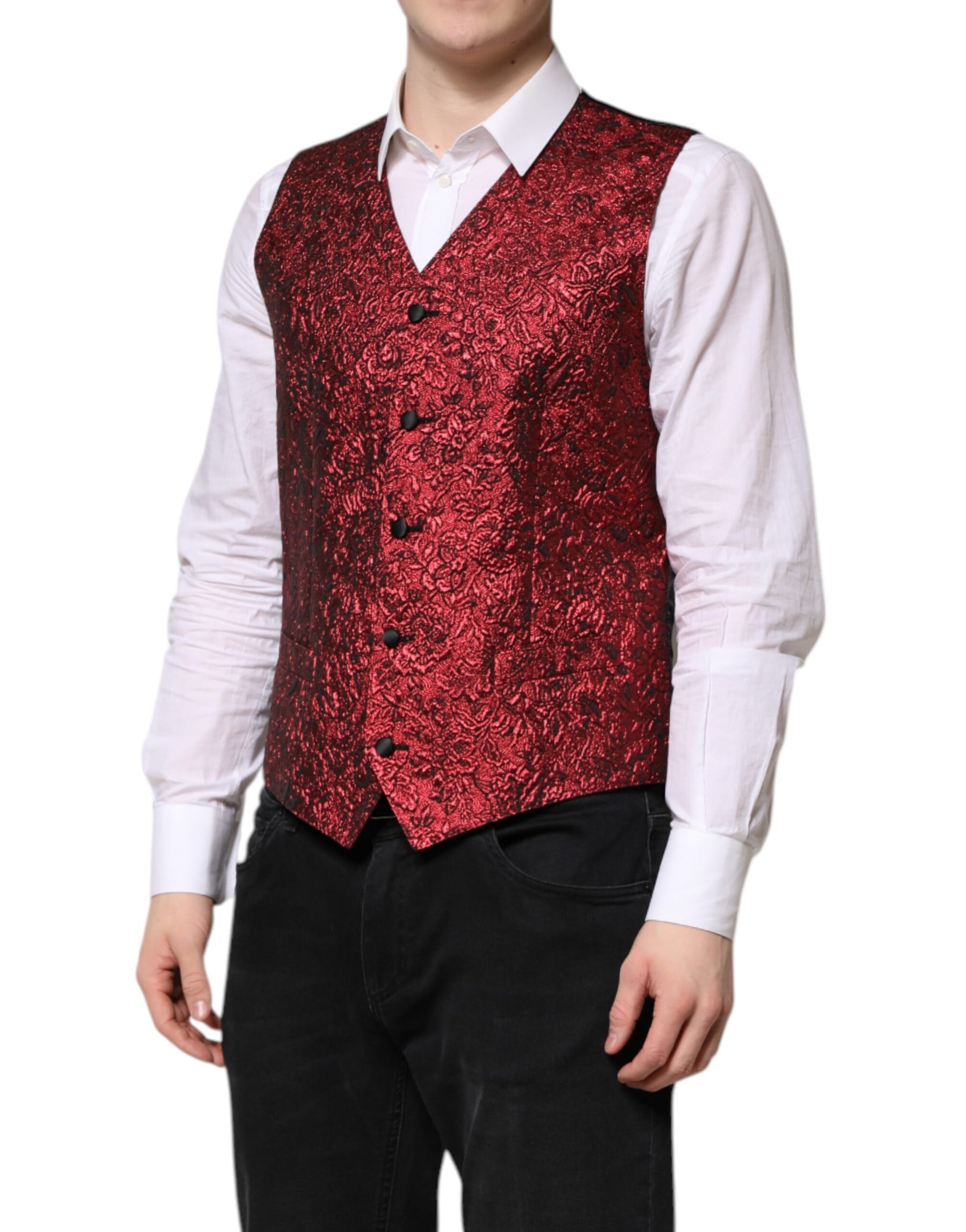 Dolce & Gabbana Red Floral Brocade Formal Men Waistcoat Vest | Regal Royce