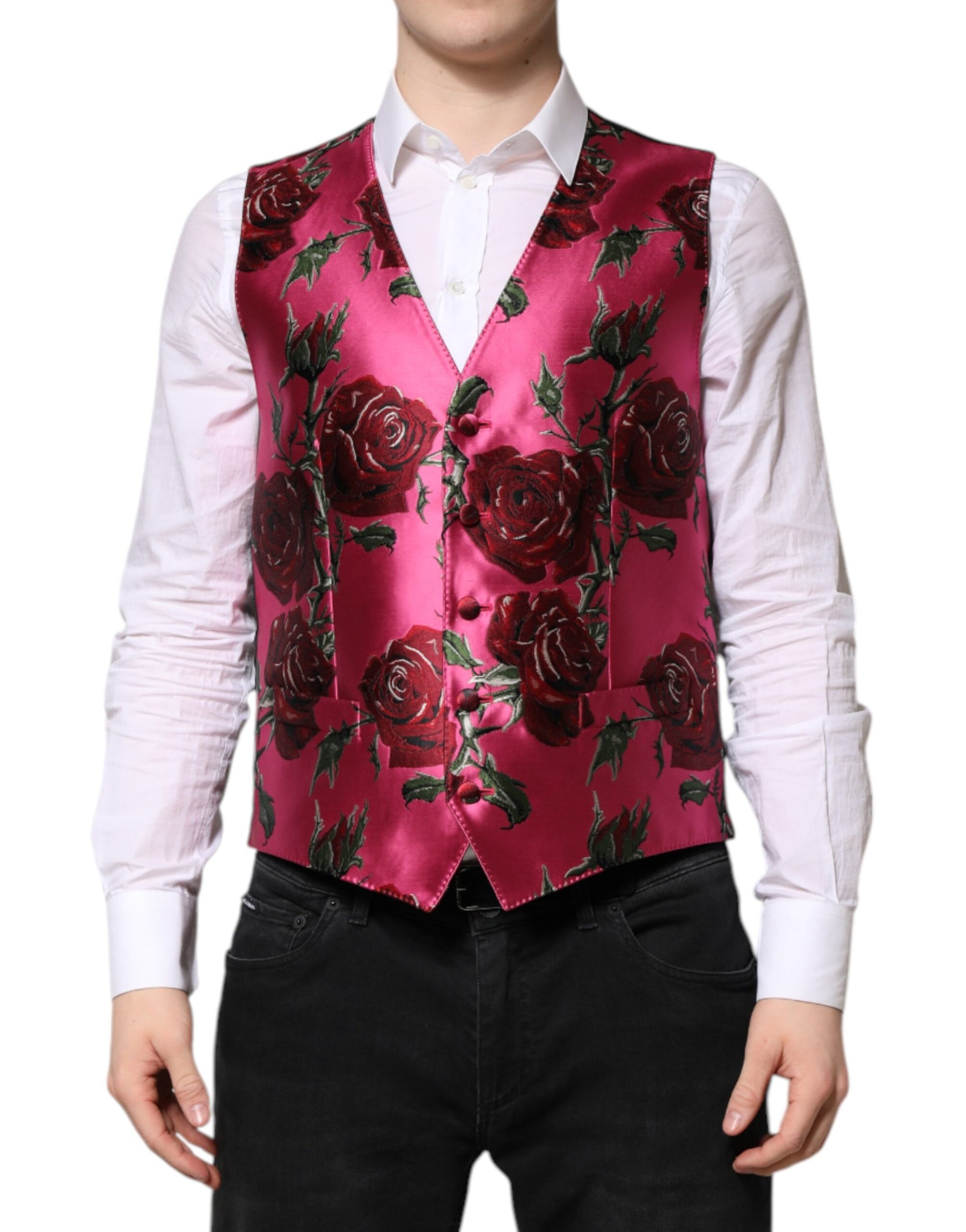 Dolce & Gabbana Pink Floral Satin Formal Men Waistcoat Vest | Regal Royce