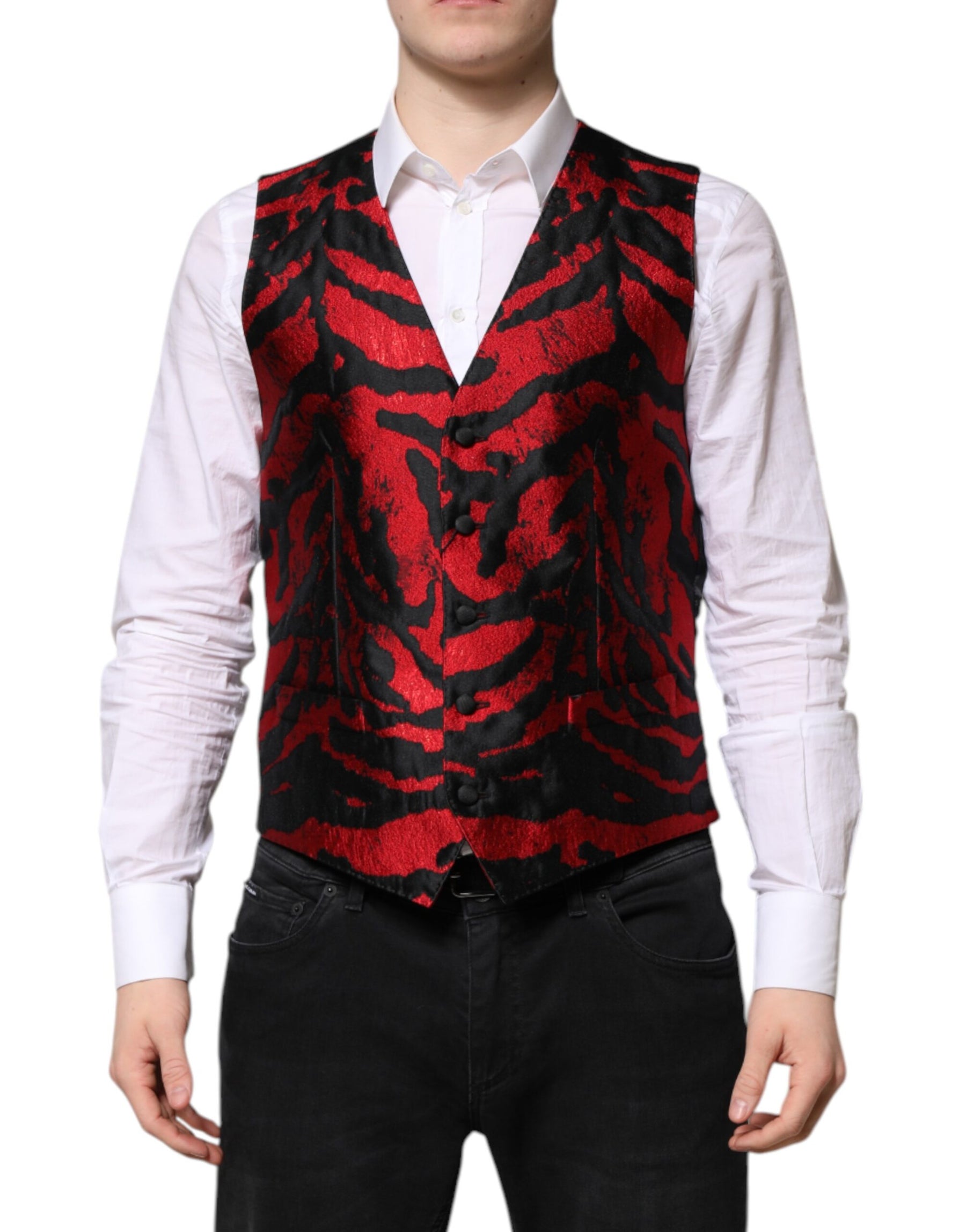 Dolce & Gabbana Red Black Stripe Dress Formal Waistcoat Vest | Regal Royce