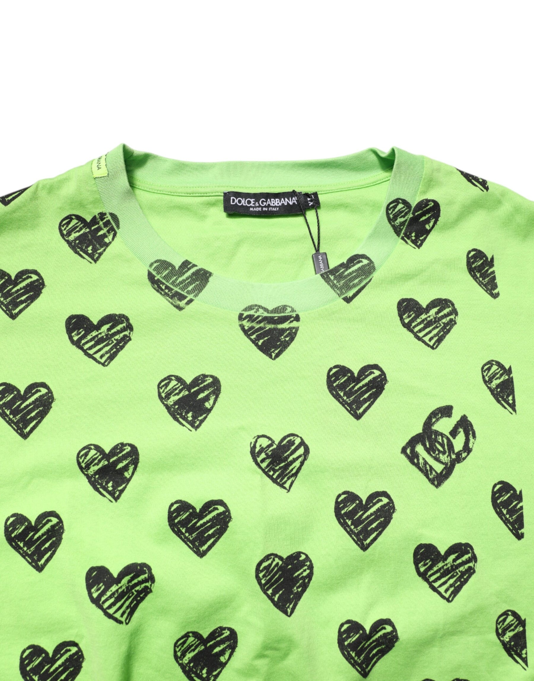 Dolce & Gabbana Green Heart Print Cotton Crew Neck T-shirt | Regal Royce