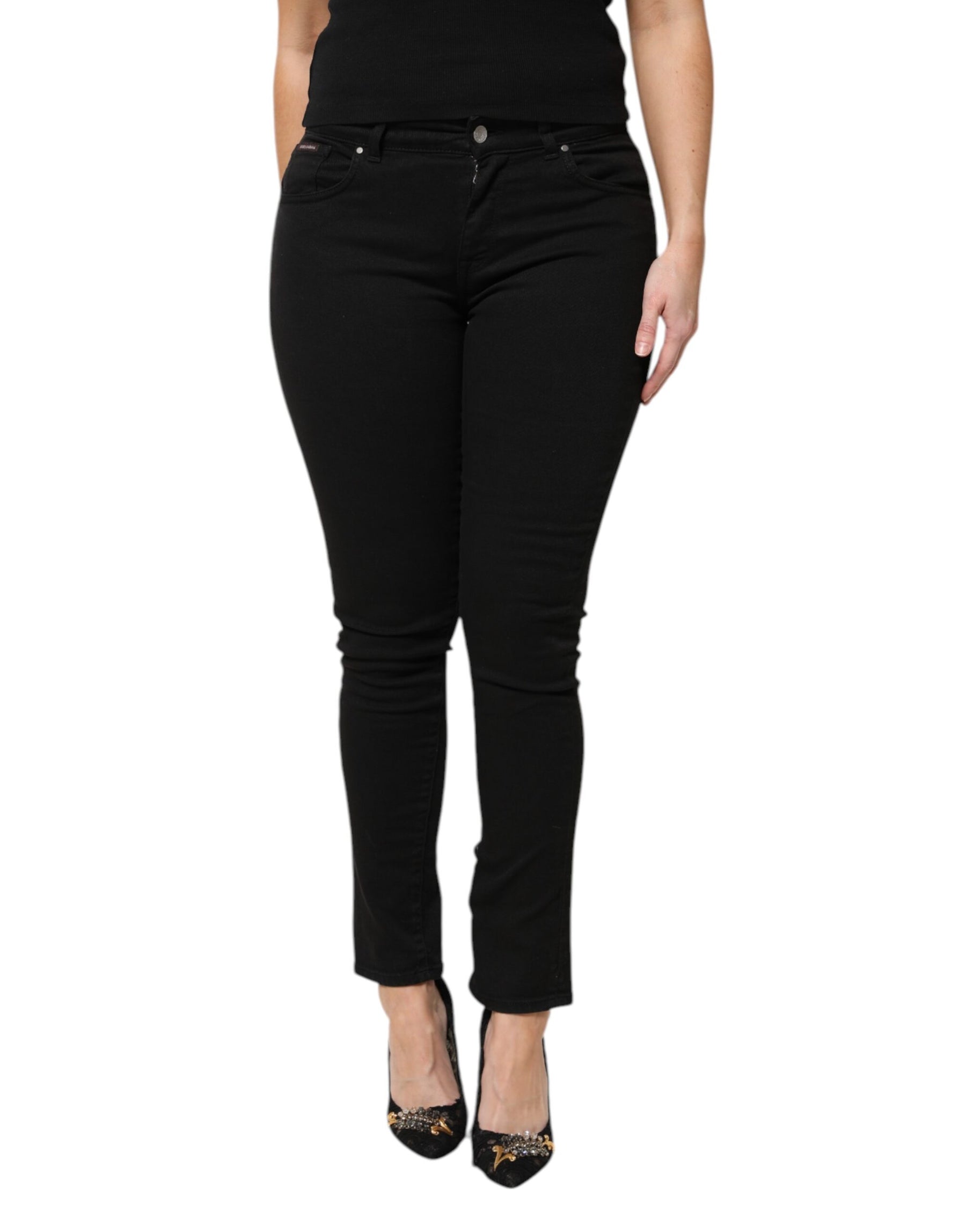 Dolce & Gabbana Black Cotton Logo Mid Waist Skinny Denim Jeans | Regal Royce