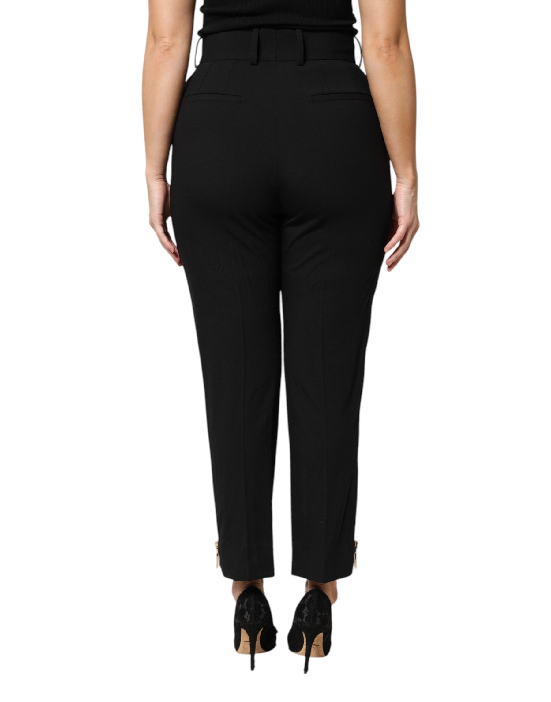 Dolce & Gabbana Black Wool High Waist Zipper Tapered Pants | Regal Royce