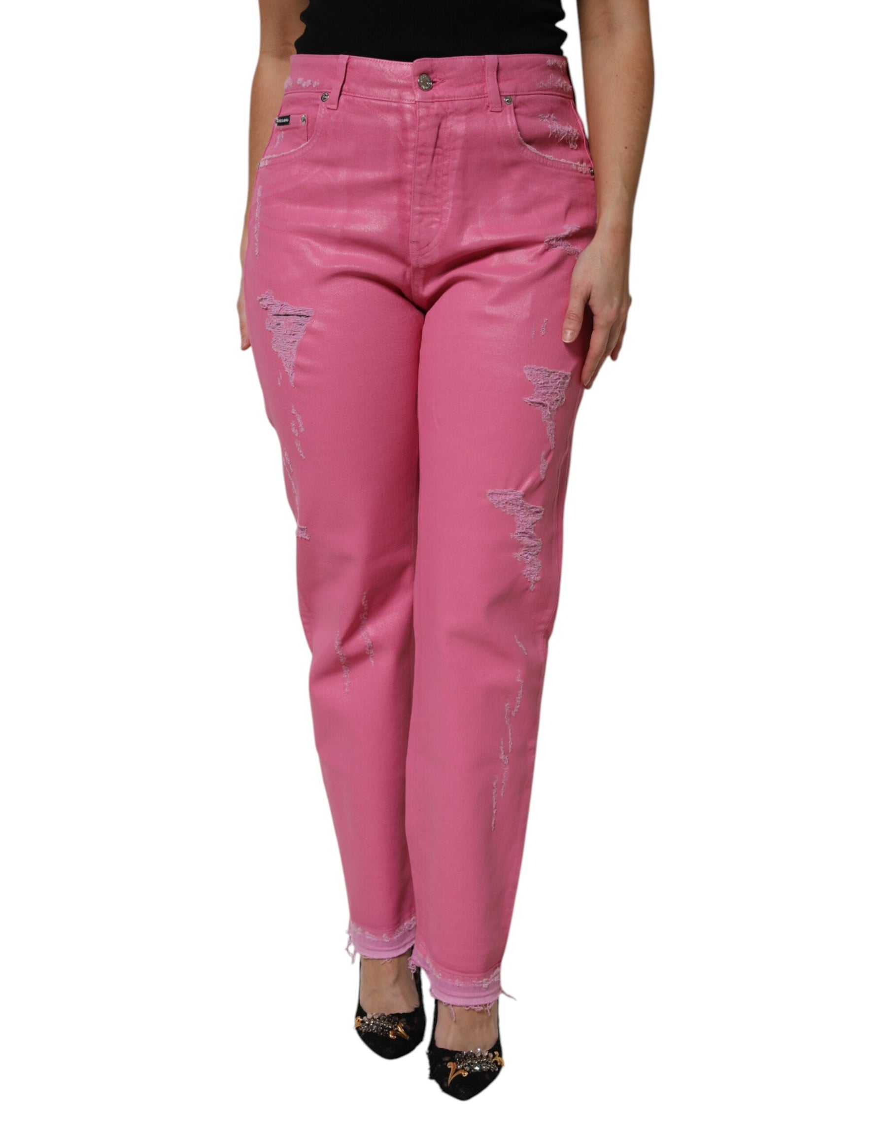 Dolce & Gabbana Pink Tattered Mid Waist Tapered Denim Jeans | Regal Royce