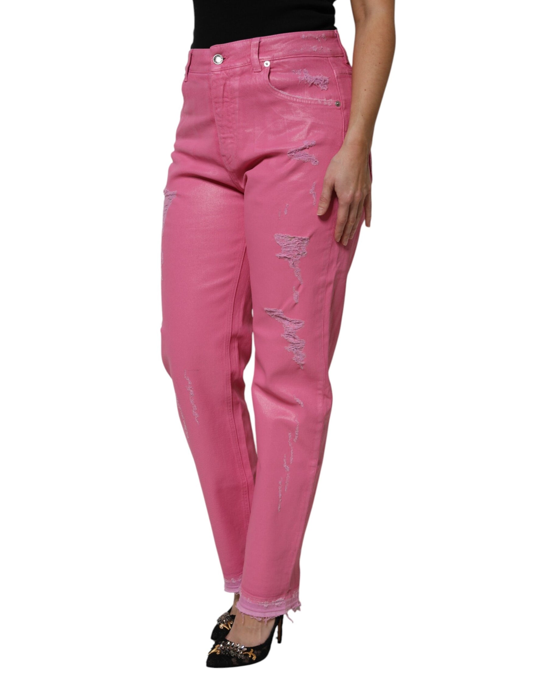Dolce & Gabbana Pink Tattered Mid Waist Tapered Denim Jeans | Regal Royce