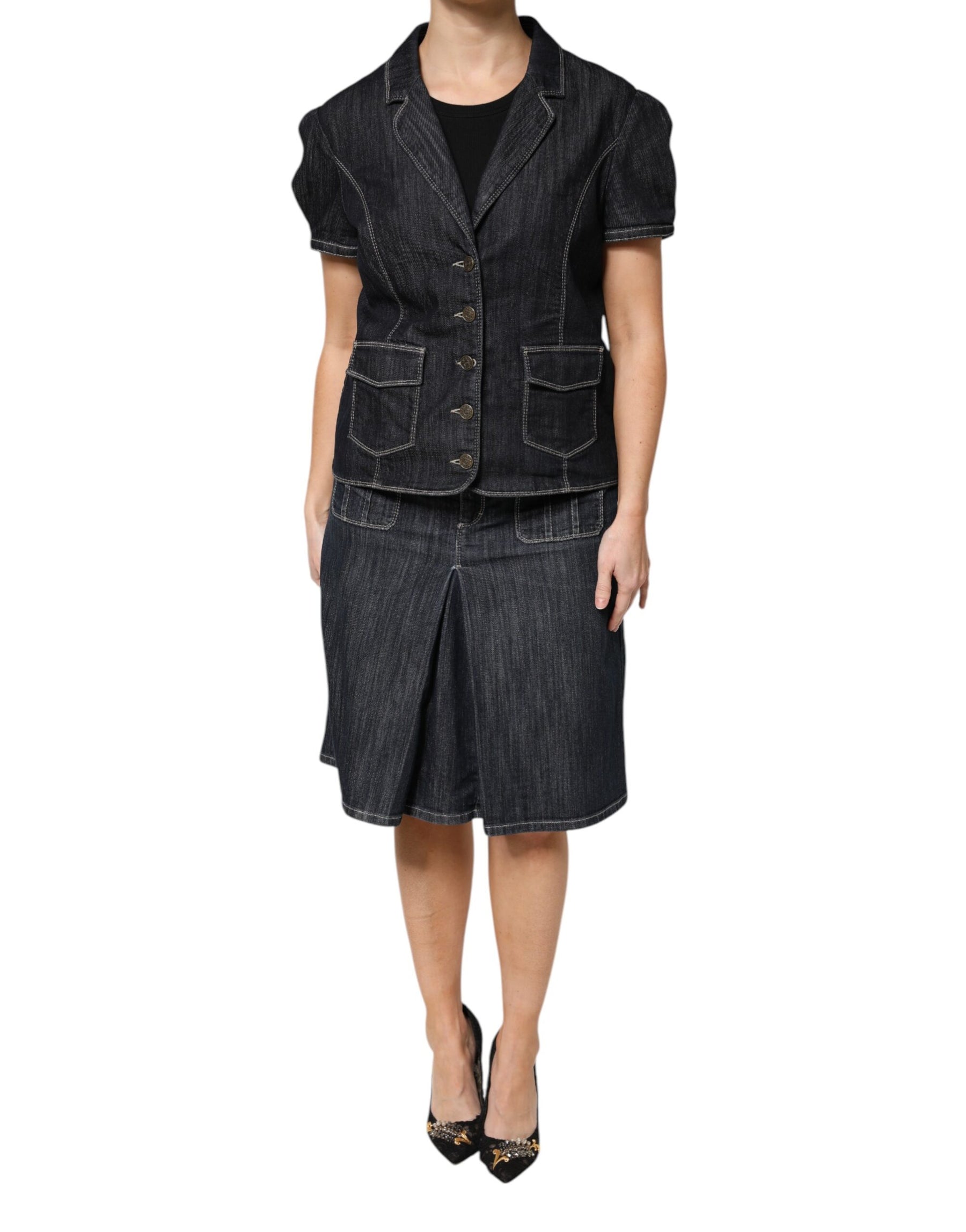Escada Black Cotton Blend Denim Top Skirt Casual Set | Regal Royce