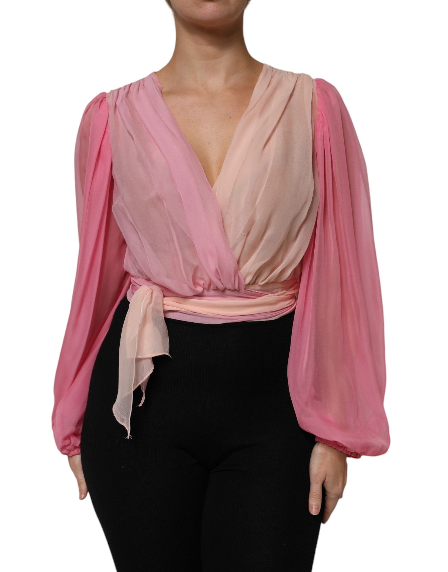 Dolce & Gabbana Pink Plunging V-neck Long Sleeves Blouse Top | Regal Royce