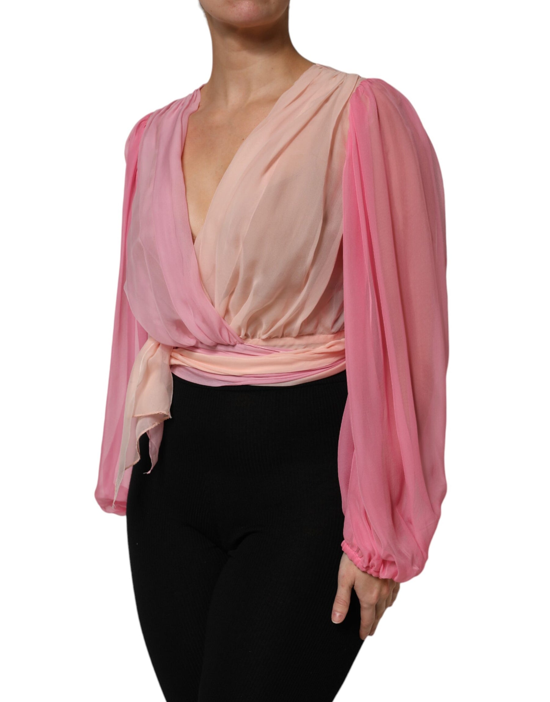 Dolce & Gabbana Pink Plunging V-neck Long Sleeves Blouse Top | Regal Royce
