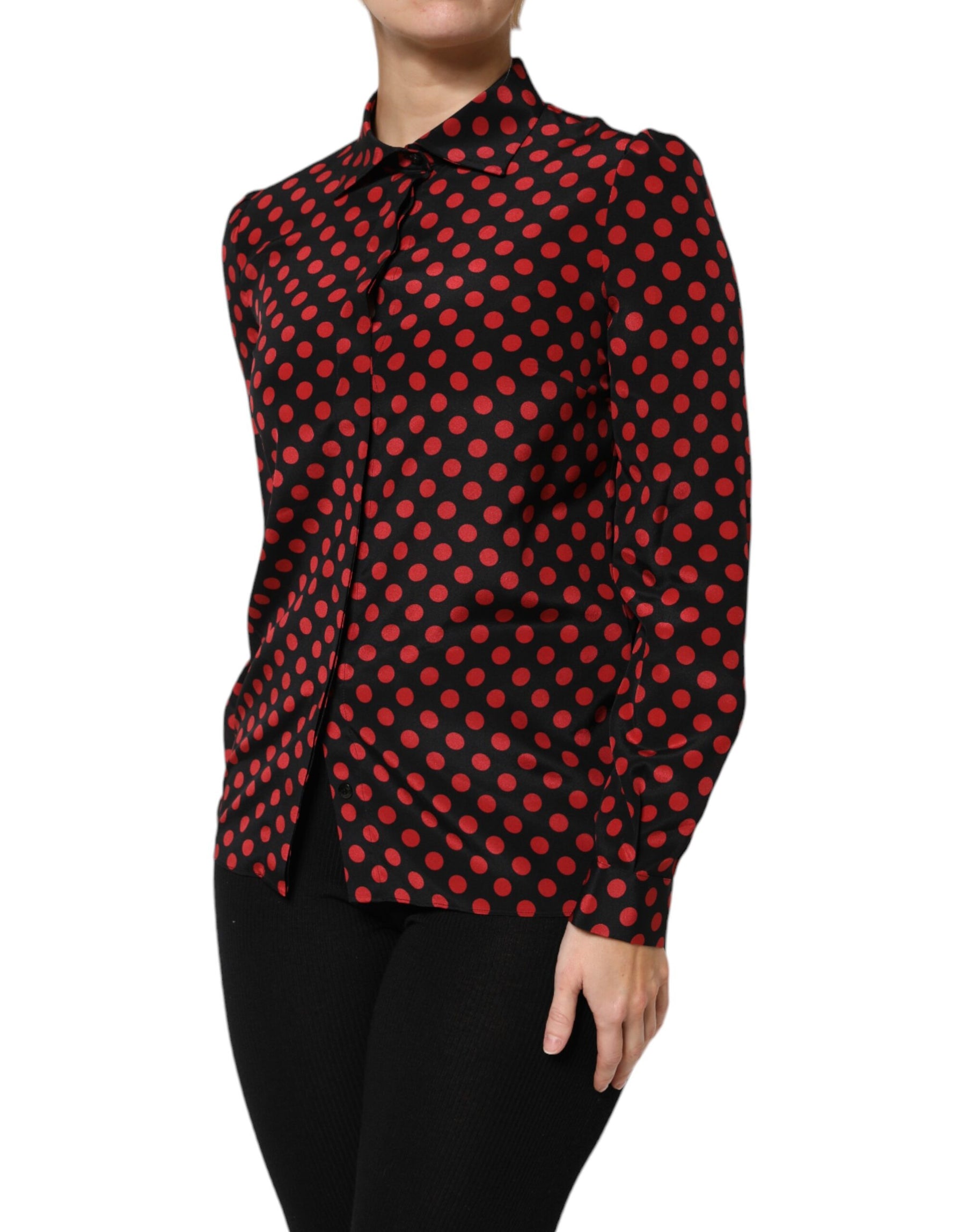 Dolce & Gabbana Black Red Polka Dot Silk Long Sleeves Top | Regal Royce