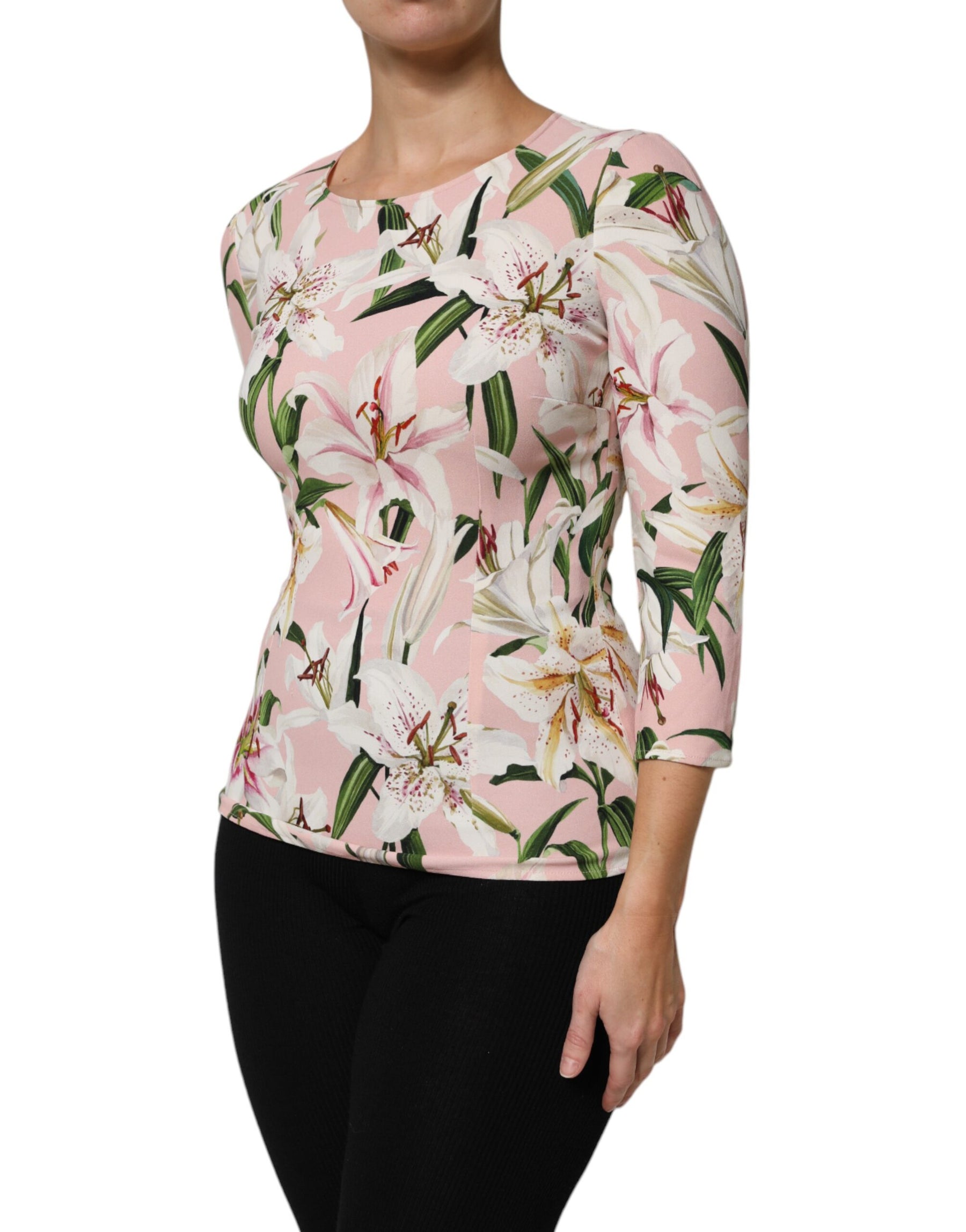 Dolce & Gabbana Pink Lily Print Viscose Round Neck Blouse Top | Regal Royce