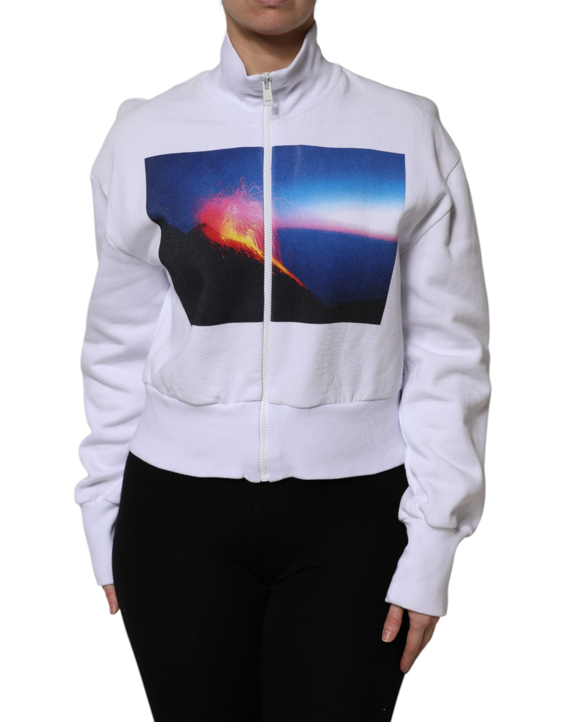 MSGM White Graphic Print Cotton Long Sleeves Full Zip Bomber Jacket | Regal Royce